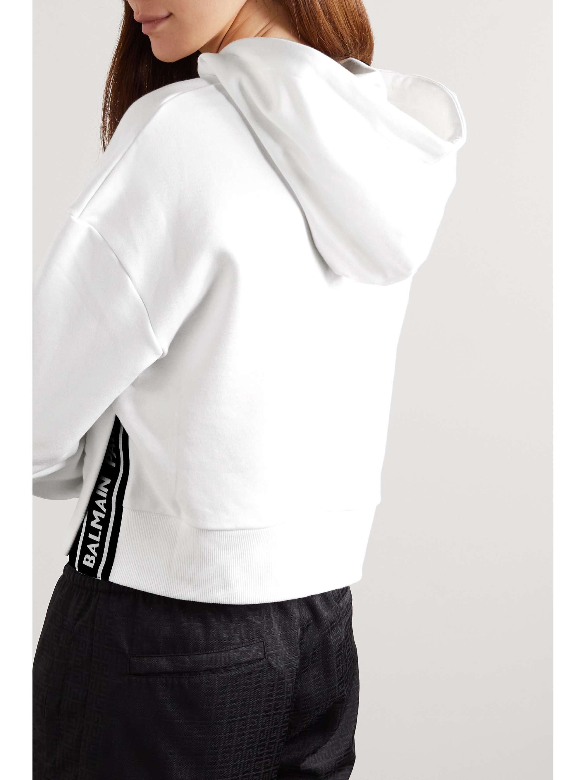 BALMAIN Cropped flocked organic cotton-jersey hoodie