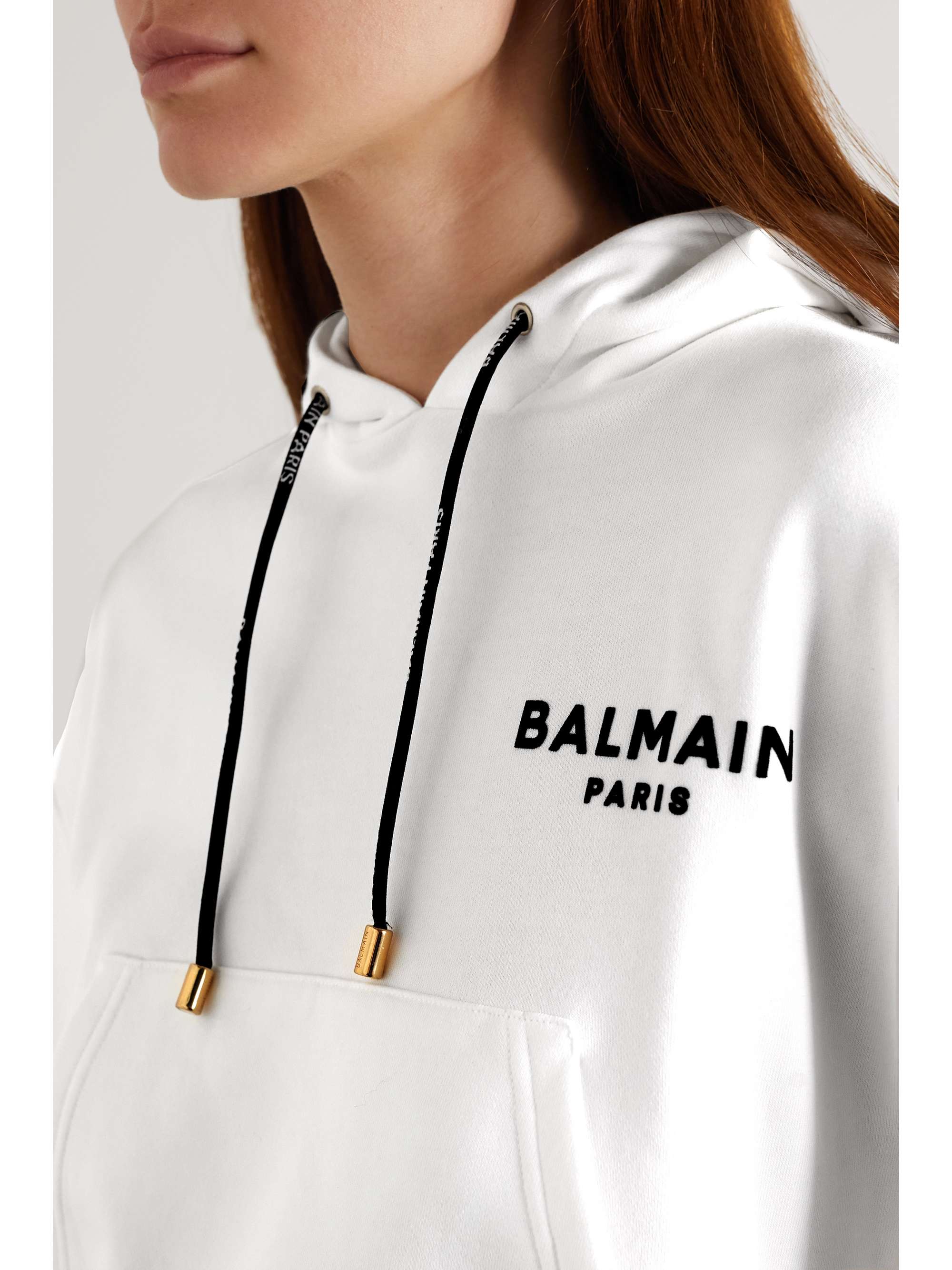 BALMAIN Cropped flocked organic cotton-jersey hoodie