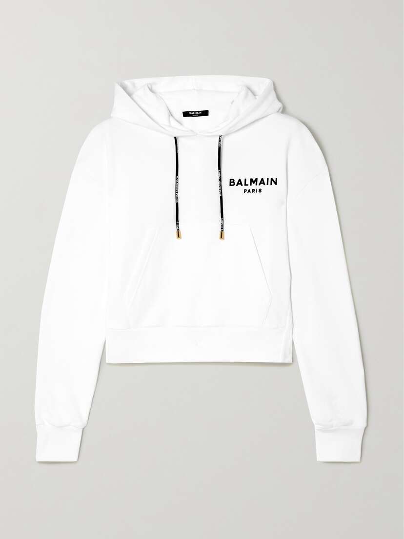 Balmain Cropped Flocked Organic Cotton-jersey Hoodie