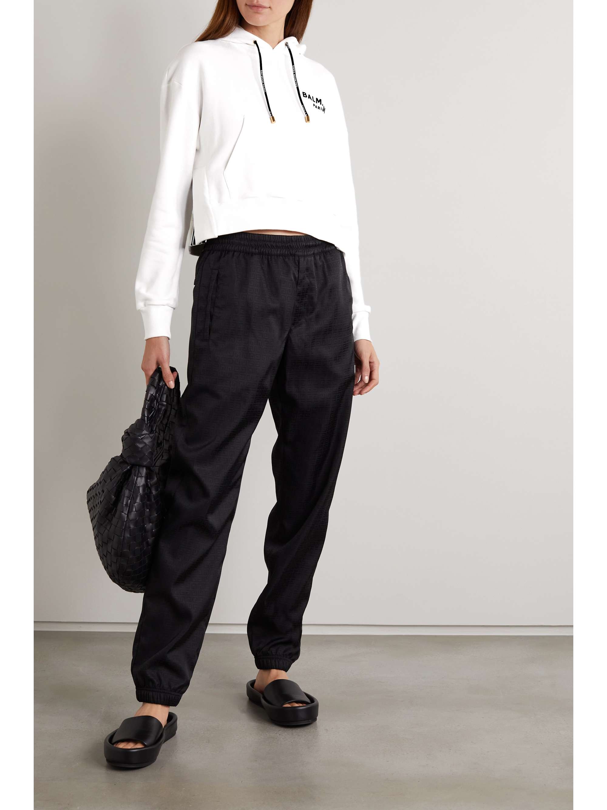 BALMAIN Cropped flocked organic cotton-jersey hoodie