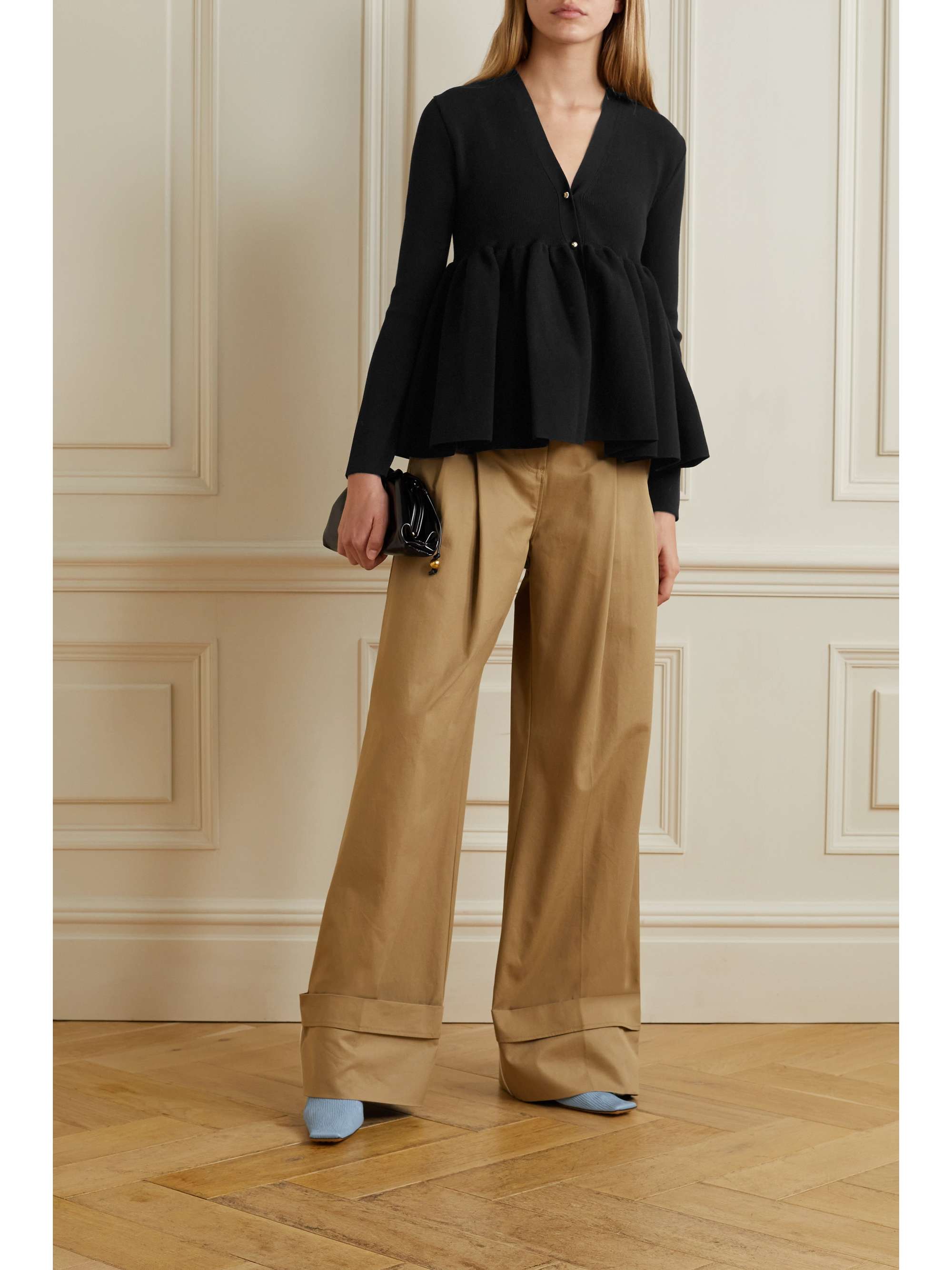 LANVIN 罗纹针织荷叶腰摆开襟衫