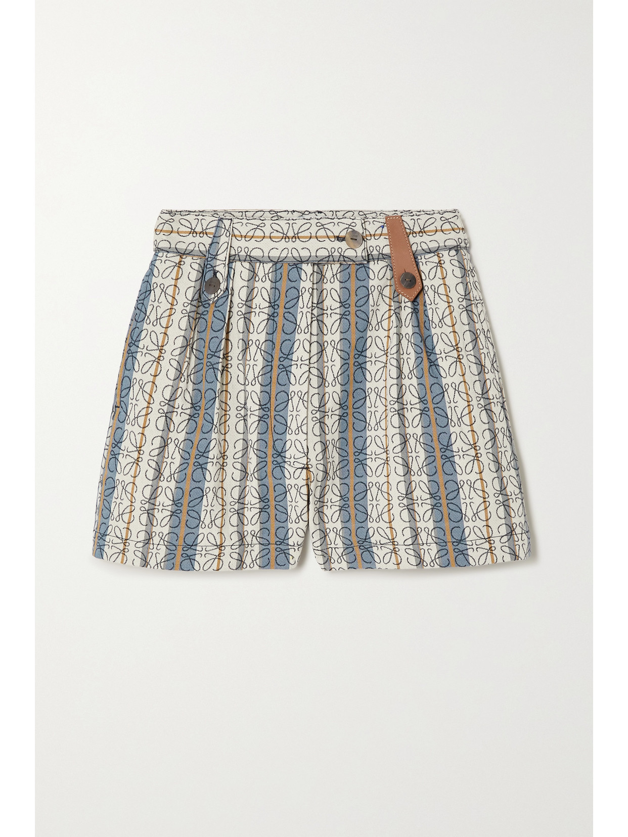 LOEWE LEATHER-TRIMMED STRIPED COTTON-JACQUARD SHORTS