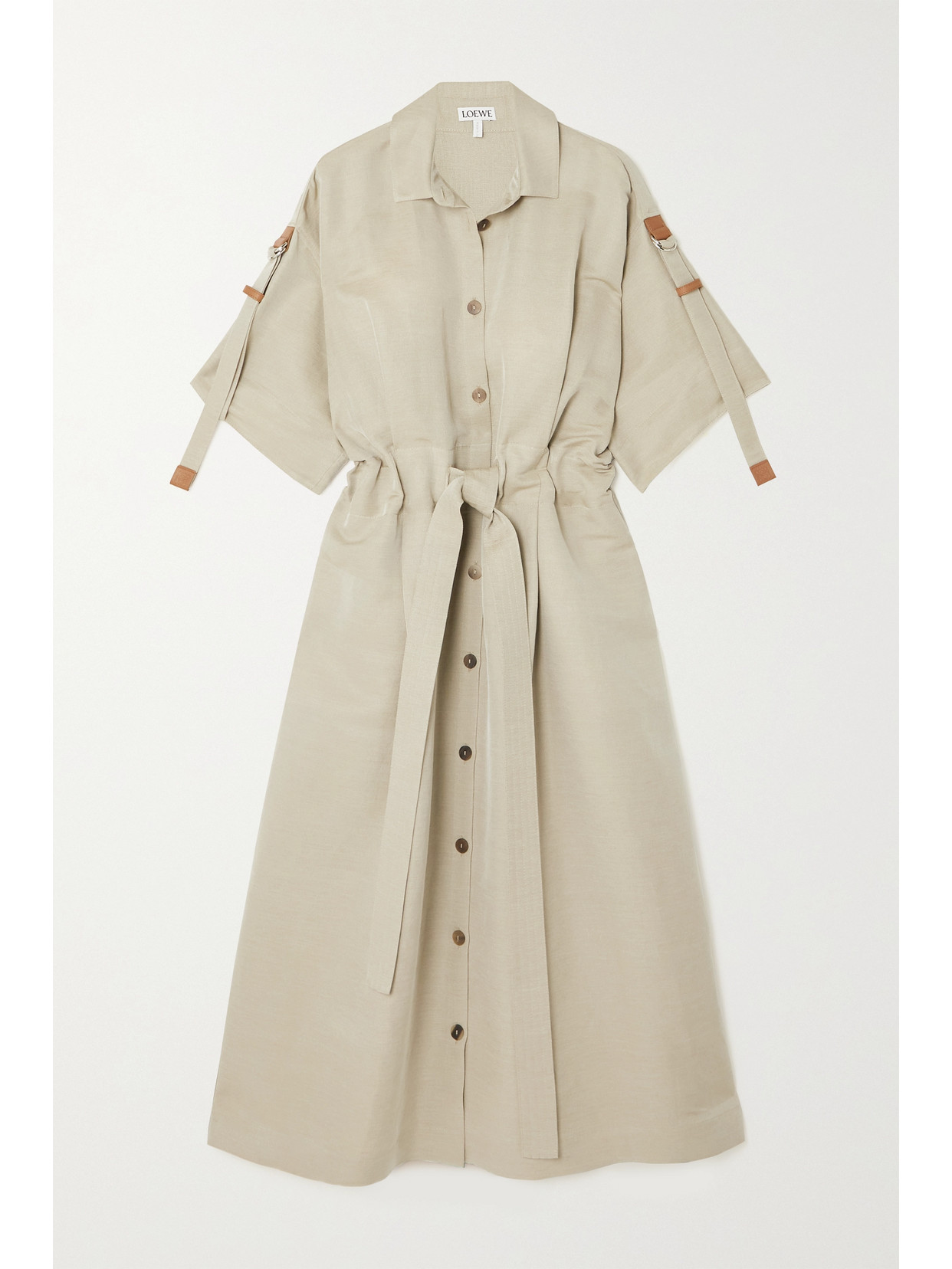 LOEWE BELTED LEATHER-TRIMMED LINEN-BLEND MIDI SHIRT DRESS