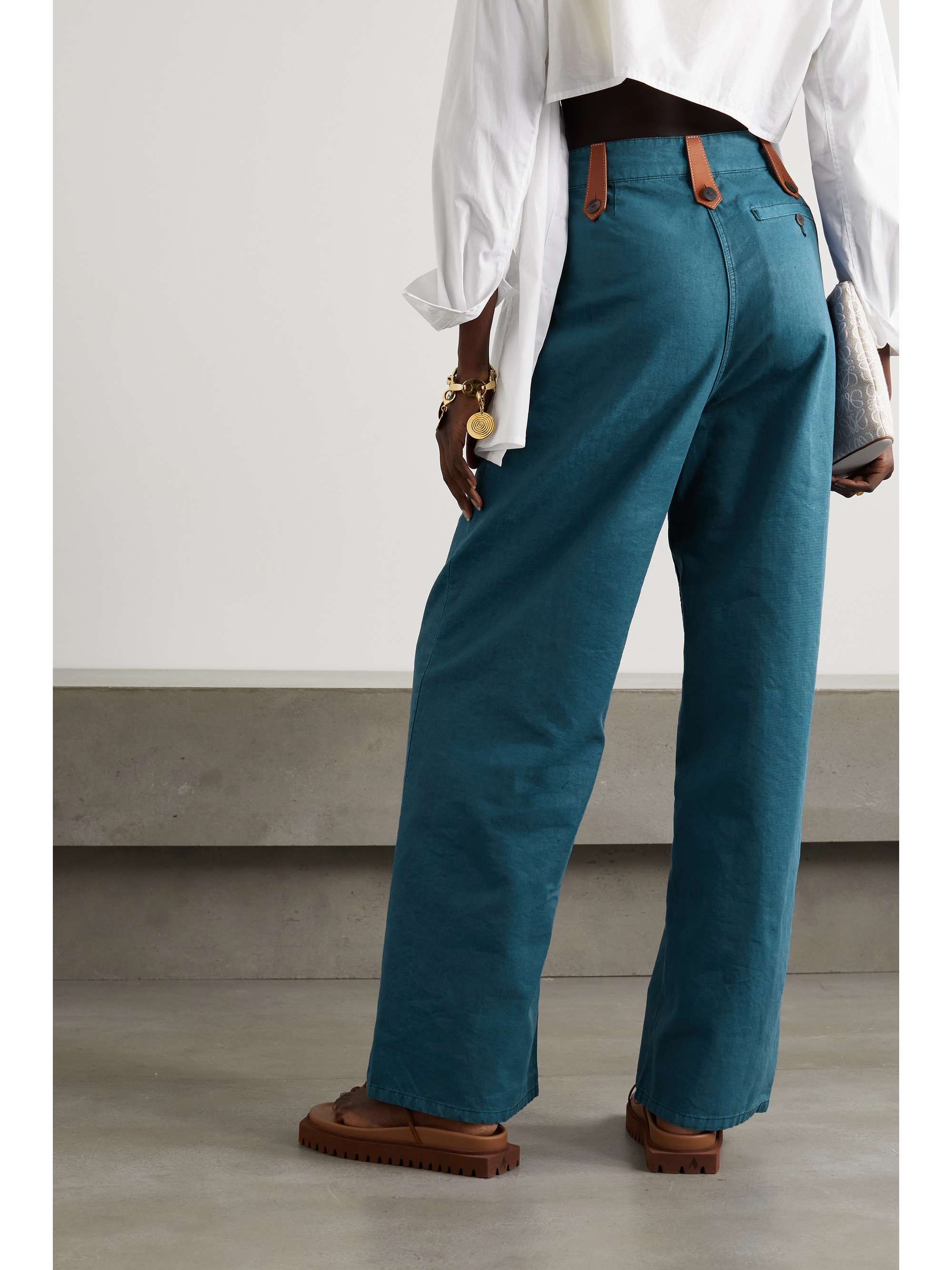 LOEWE Leather-trimmed cotton and linen-blend wide-leg pants