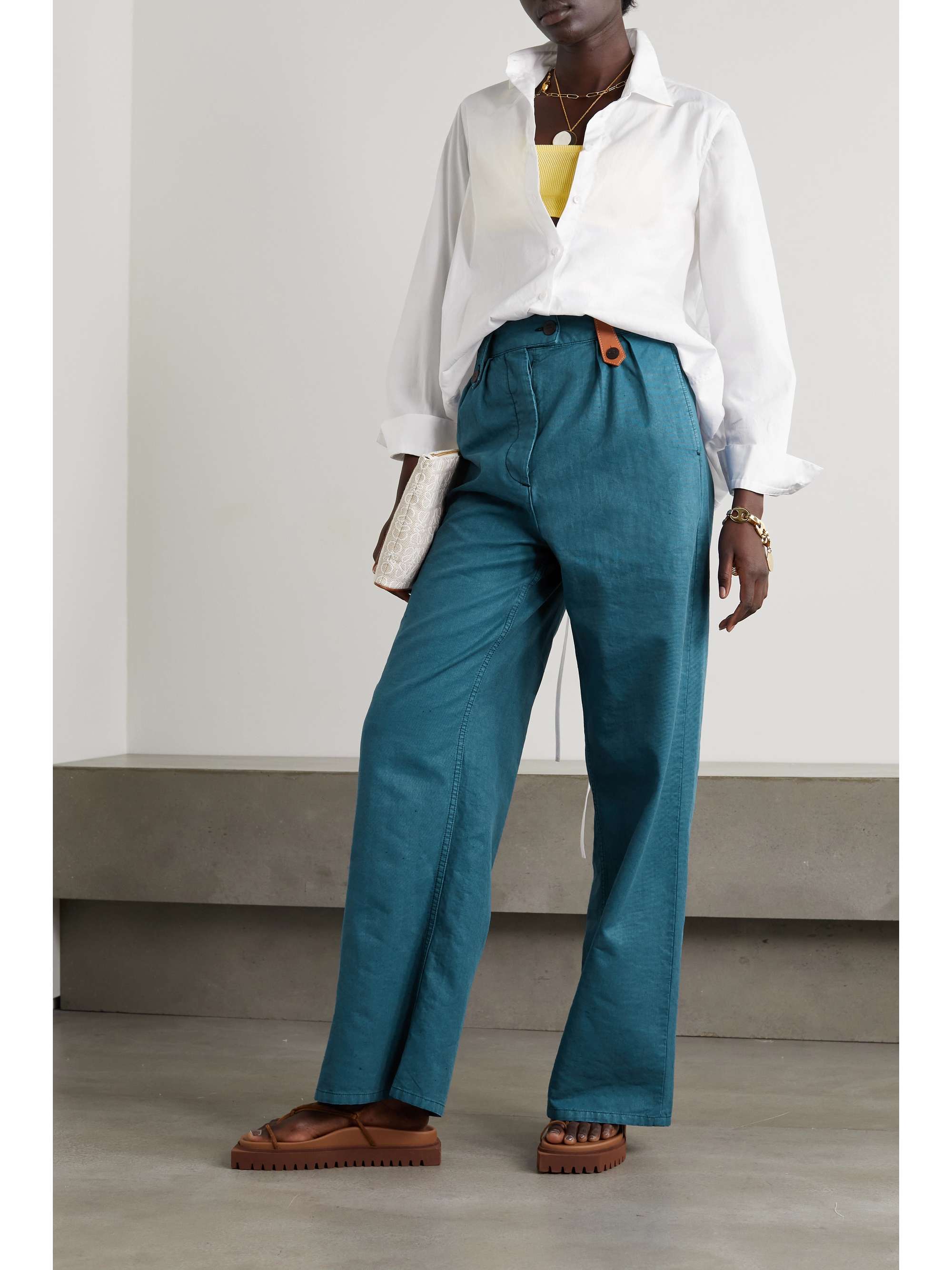 LOEWE Leather-trimmed cotton and linen-blend wide-leg pants