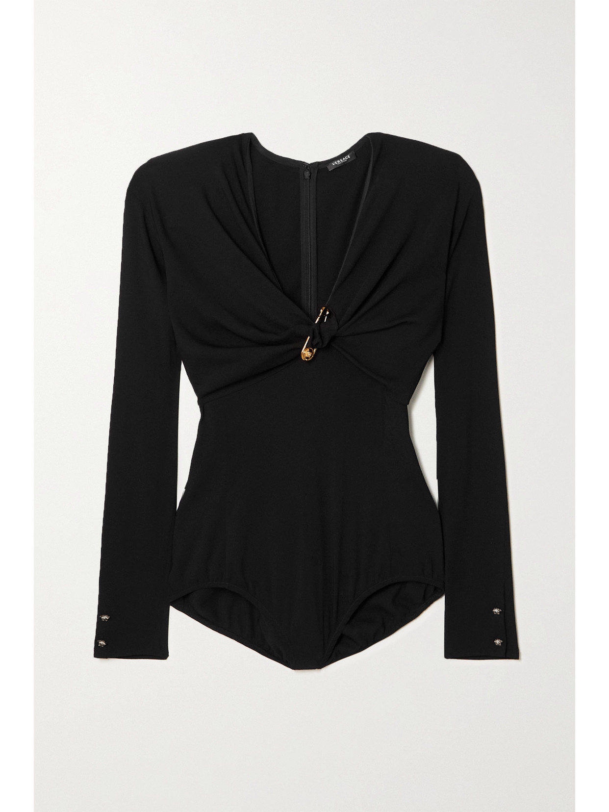 VERSACE TWIST-FRONT EMBELLISHED STRETCH-CREPE BODYSUIT