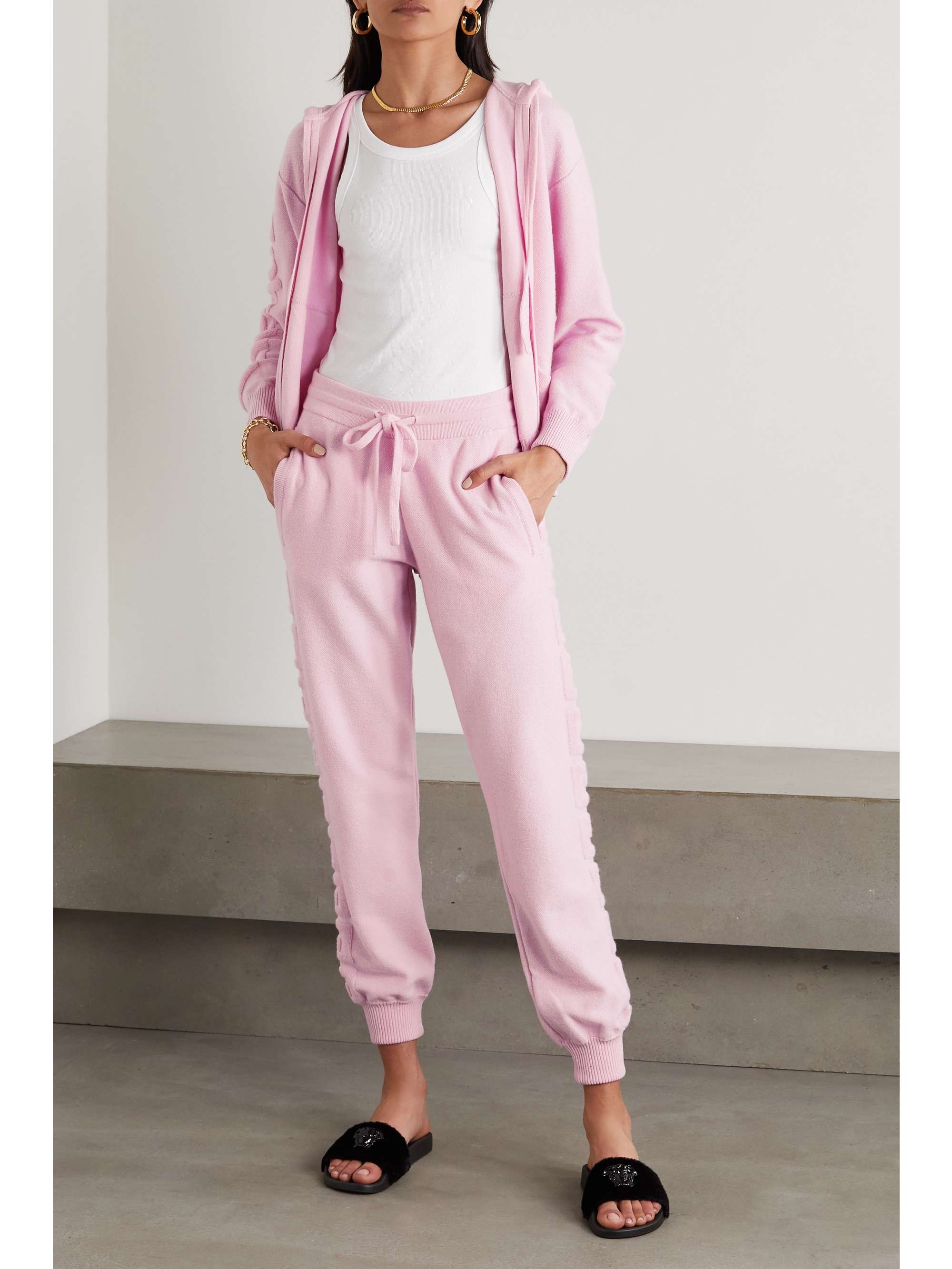 planter Veroveraar Watt Pink Appliquéd wool and cashmere-blend terry track pants | VERSACE |  NET-A-PORTER