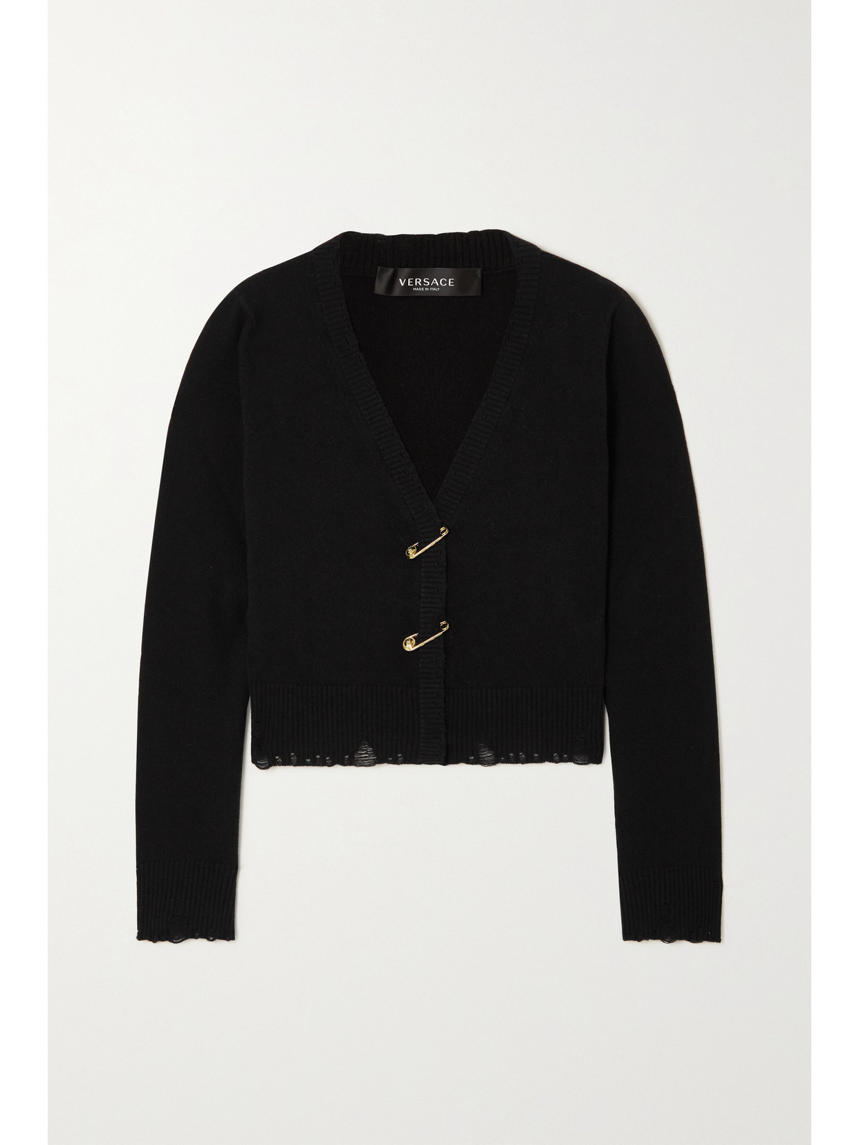 Versace Embellished Distressed Cashmere And Wool-blend Cardigan In Black