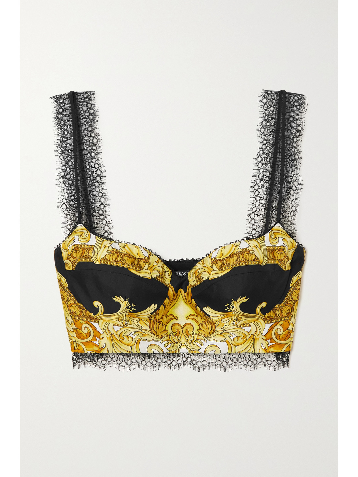 VERSACE LACE-TRIMMED PRINTED SILK-TWILL BUSTIER TOP