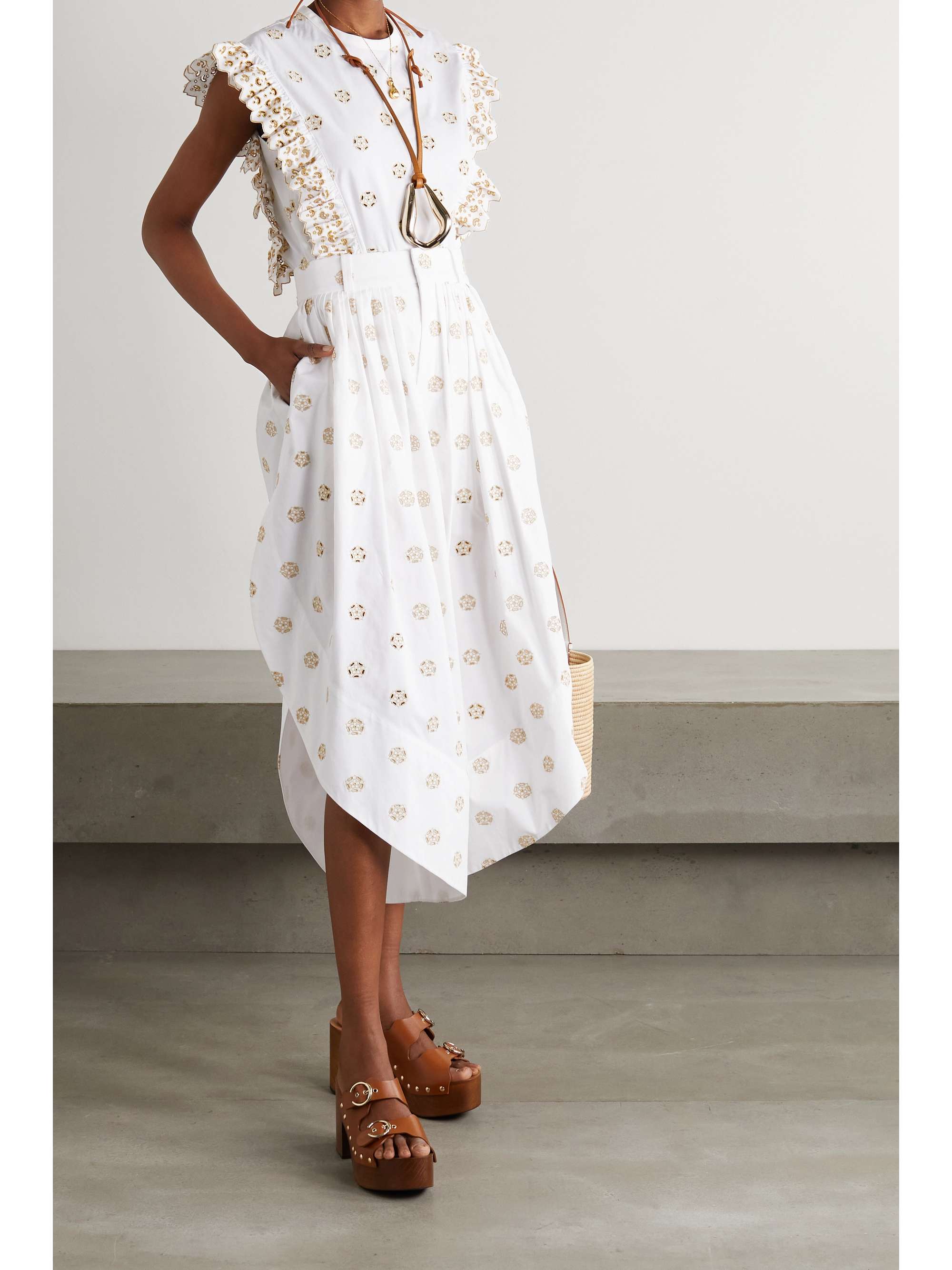 CHLOÉ Cropped embroidered cotton-poplin wide-leg pants