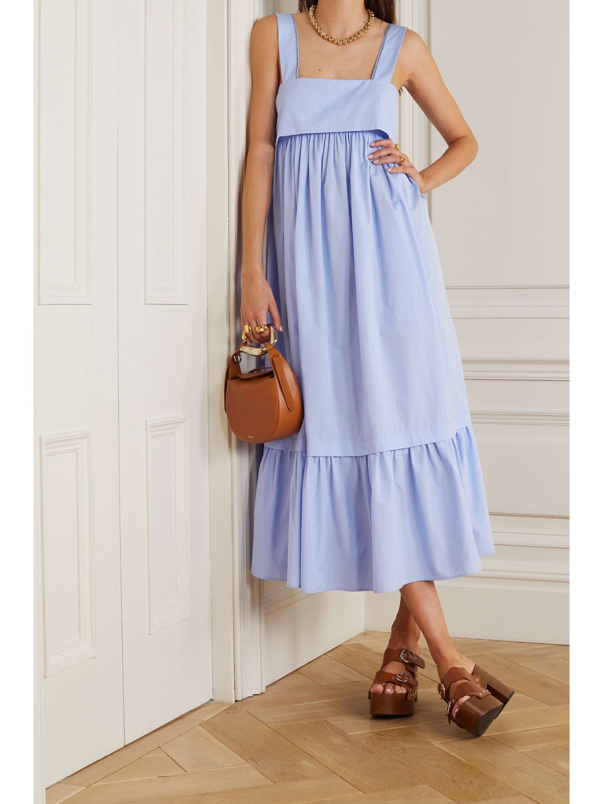 CHLOÉ Tiered cotton-poplin midi dress | NET-A-PORTER