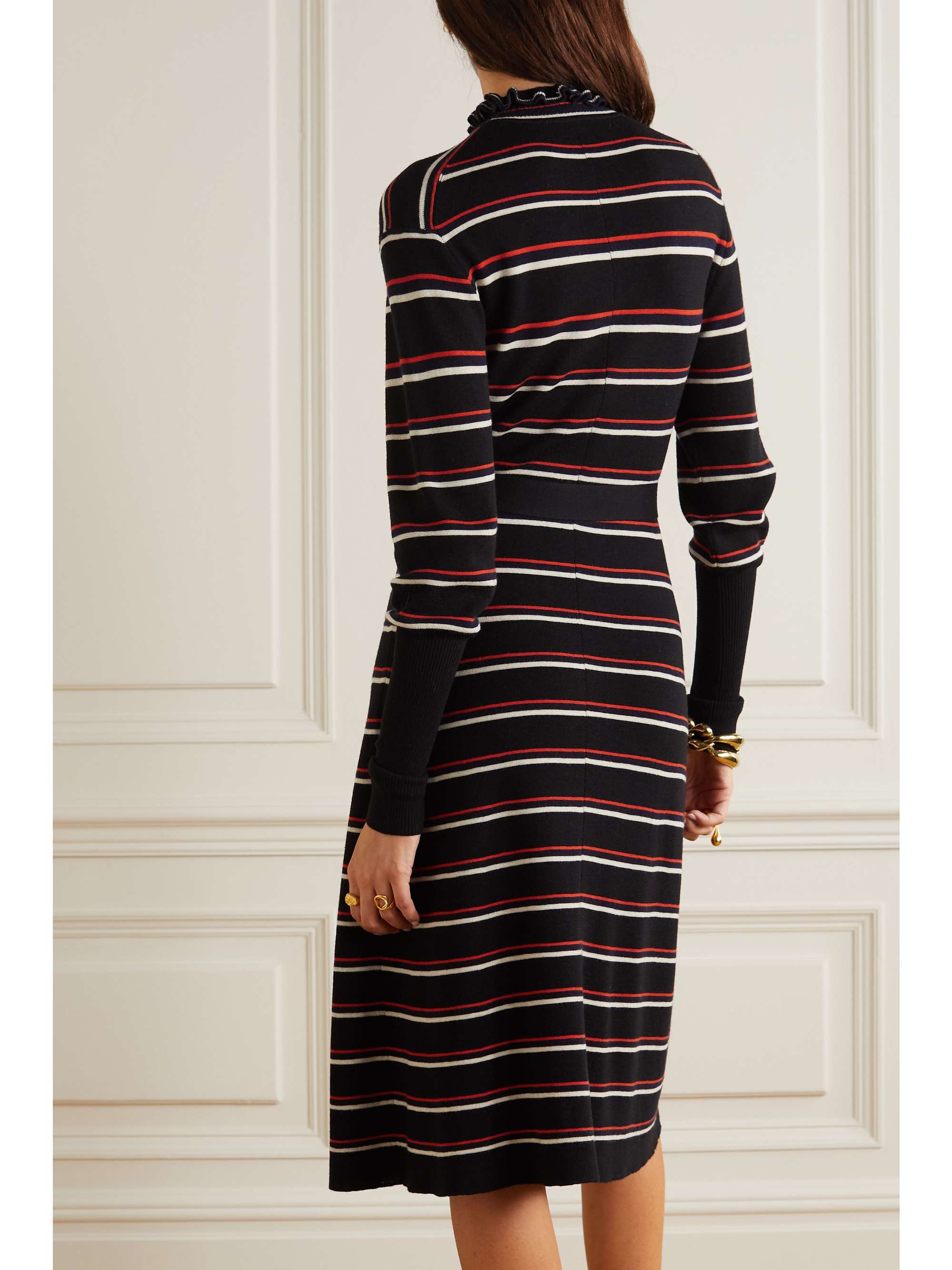 CHLOÉ Belted ruffled striped wool midi dress