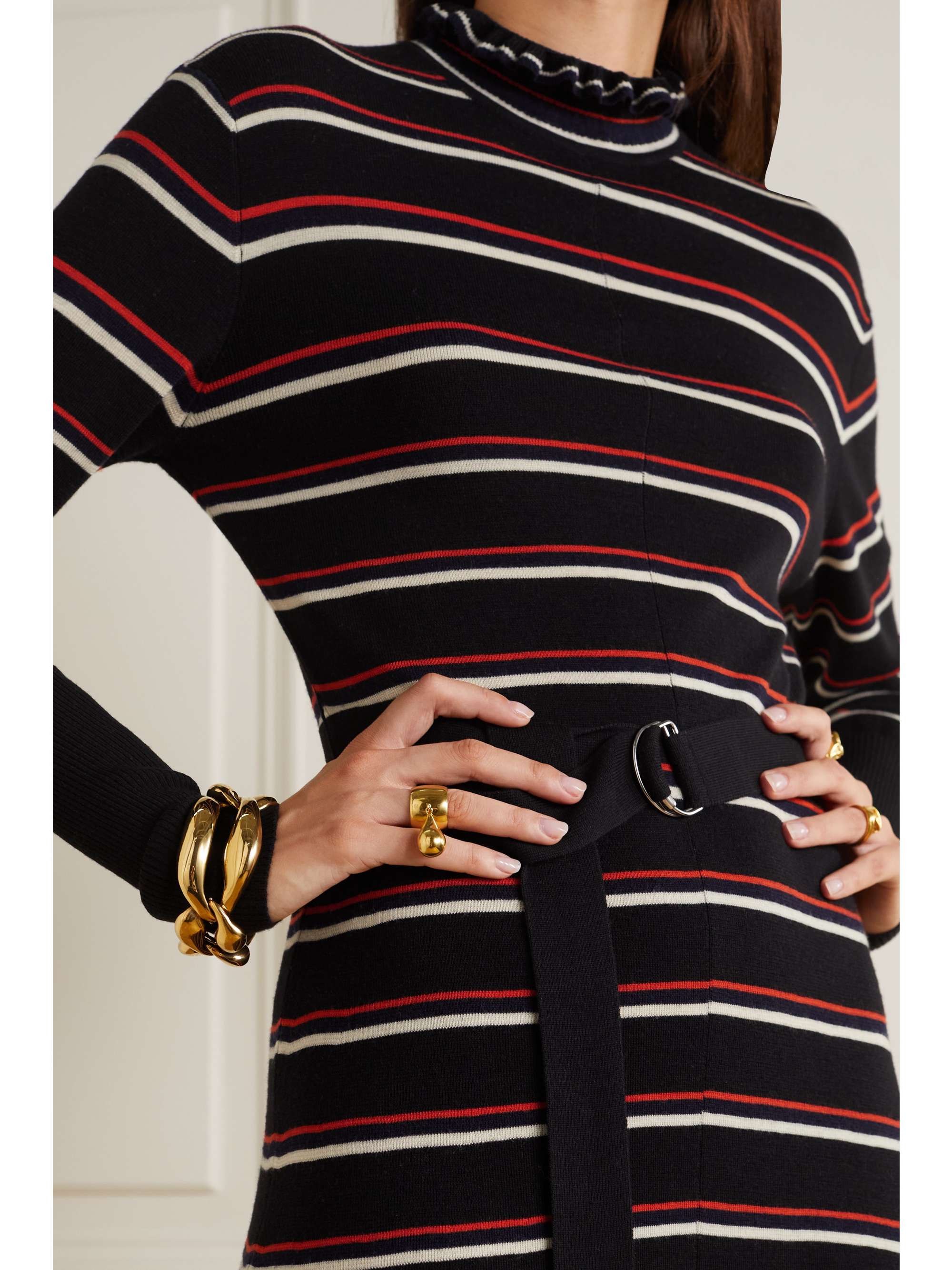 CHLOÉ Belted ruffled striped wool midi dress
