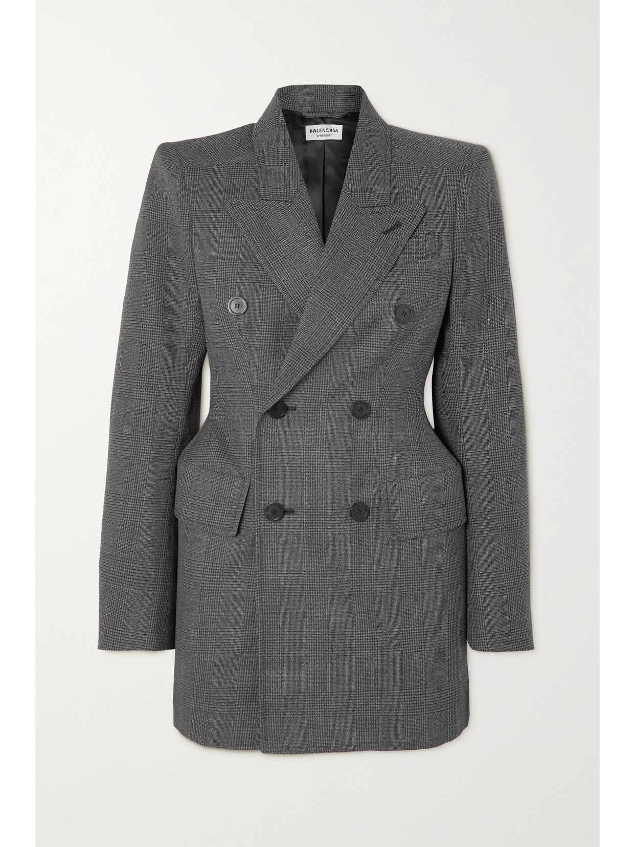 Balenciaga Hourglass Double-breasted Prince Of Wales Checked Wool Coat In Gray