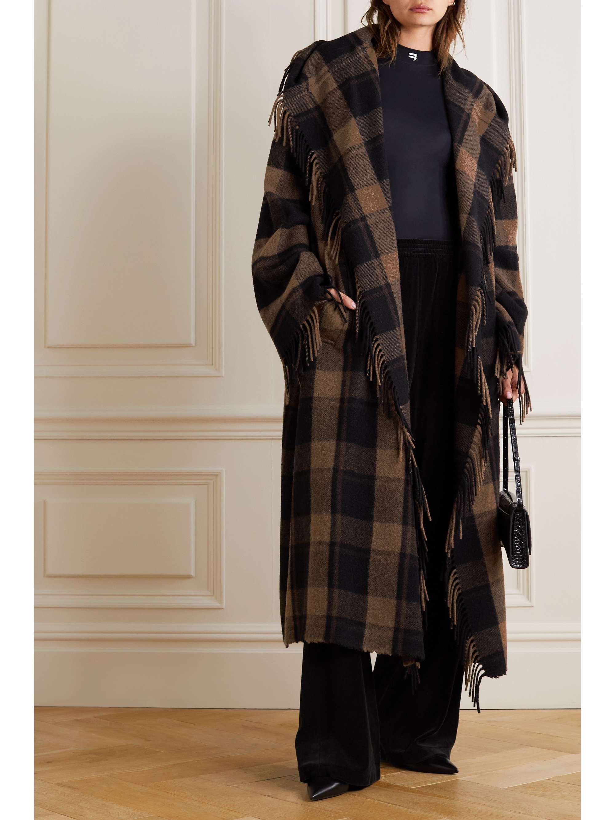 BALENCIAGA Fringed checked wool-blend coat