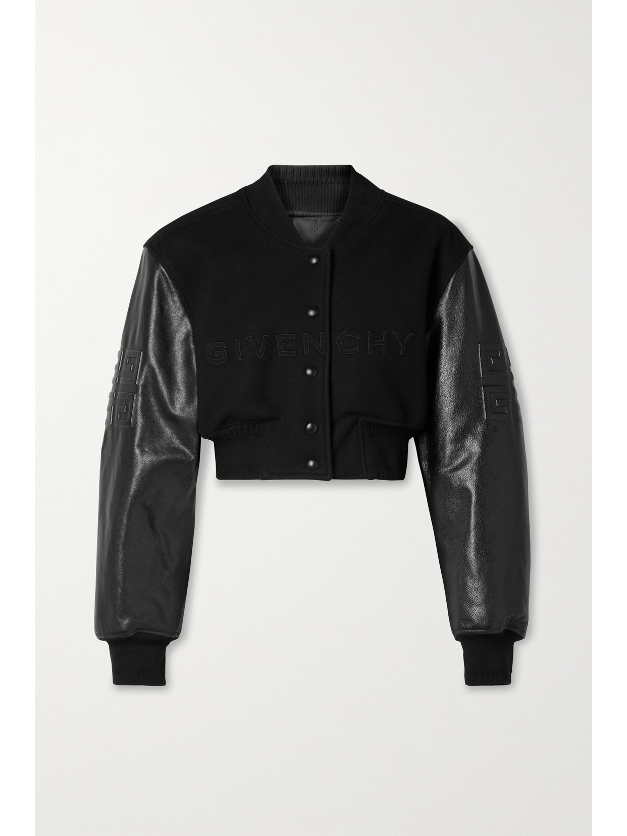 GIVENCHY CROPPED EMBROIDERED WOOL-BLEND FLEECE AND LEATHER BOMBER JACKET