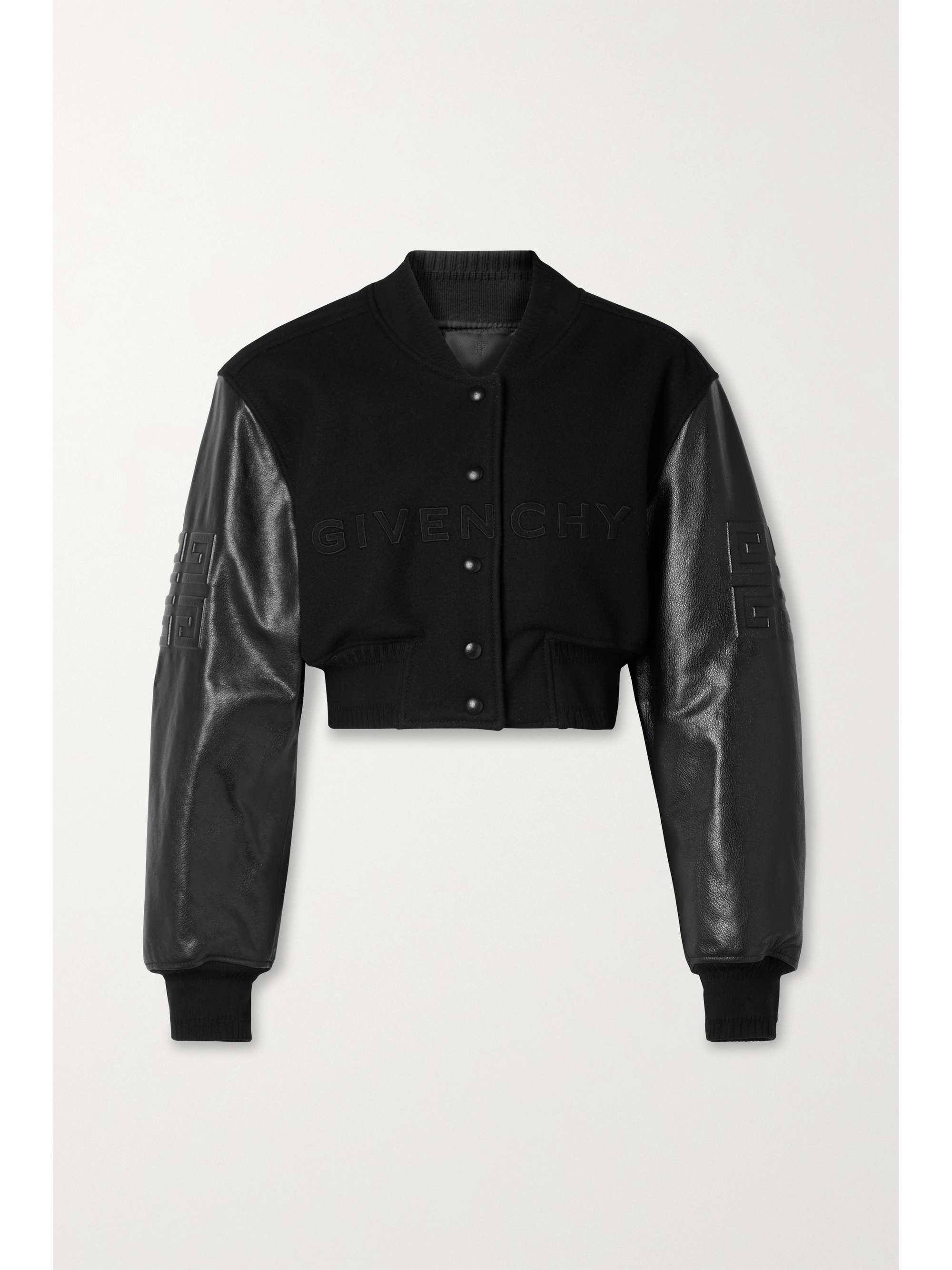 GIVENCHY Cropped embroidered wool-blend fleece and leather bomber jacket