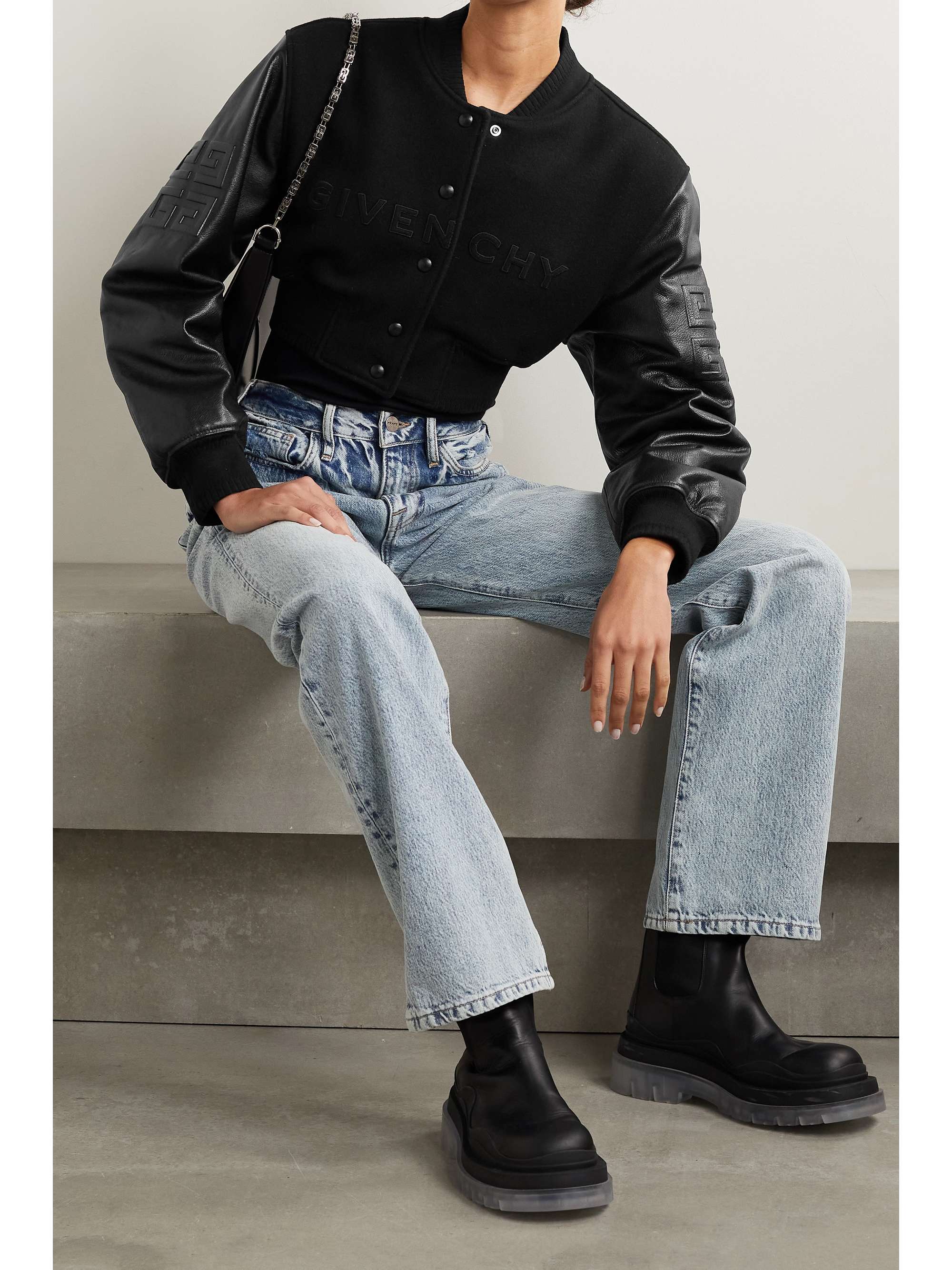 GIVENCHY Cropped embroidered wool-blend fleece and leather bomber jacket