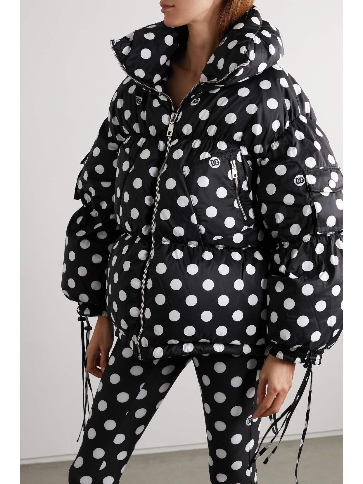 Dolce & Gabbana Polka Dot Oversized Padded Bomber Jacket In Black