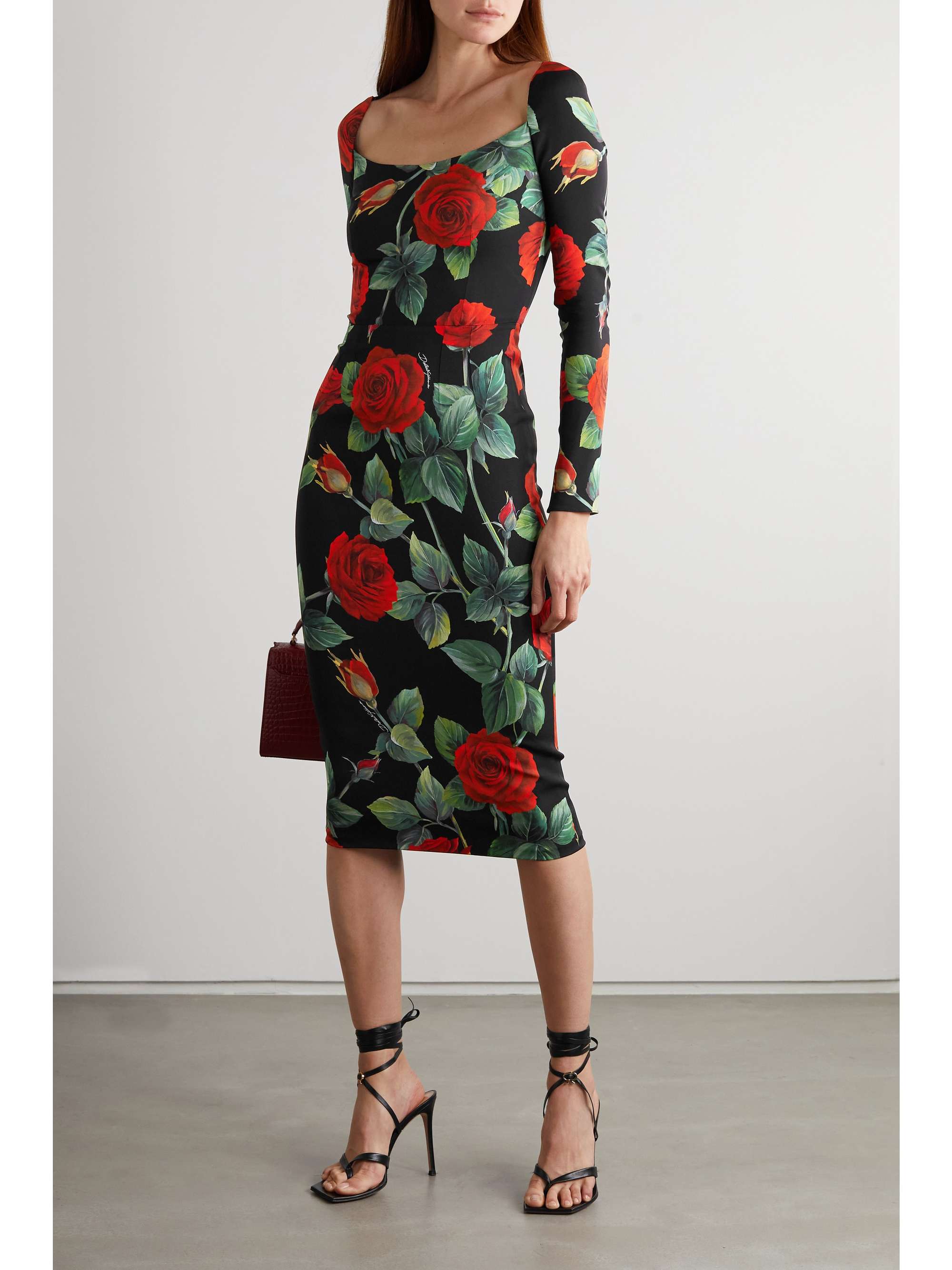 Black Floral-print stretch-silk midi ...