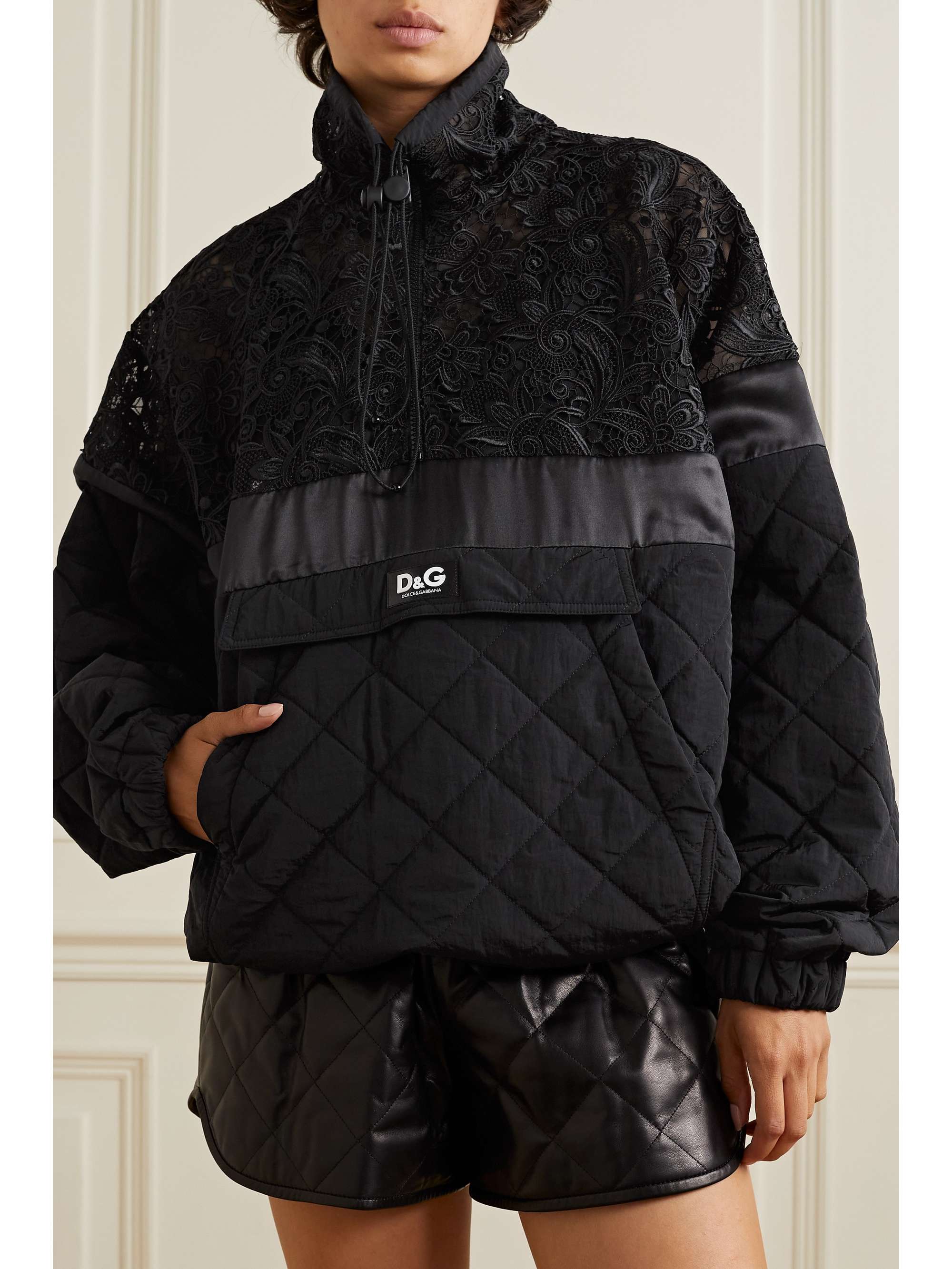 DOLCE&GABBANA Quilted nylon, satin and macramé lace half-zip sweatshirt