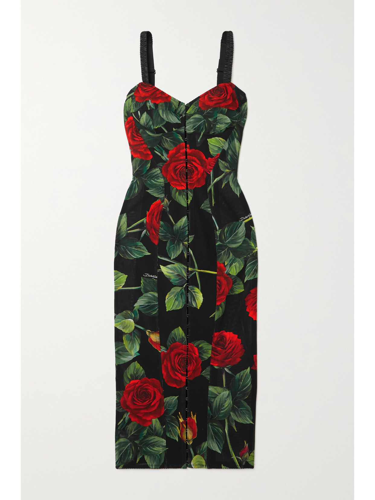 Dolce Gabbana Floral-print Stretch-tulle Midi Dress In Black