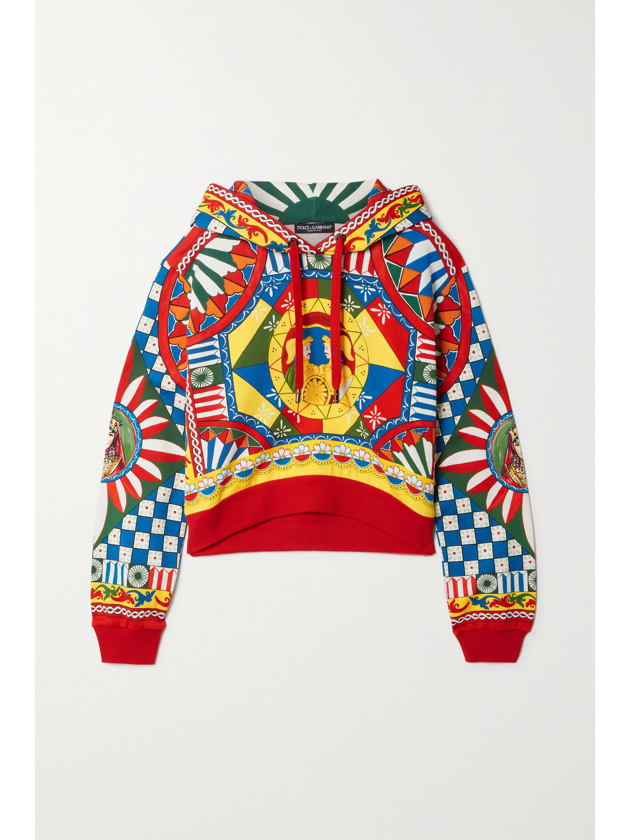 Dolce & Gabbana Cropped Jersey Hoodie With Carretto Print In Red