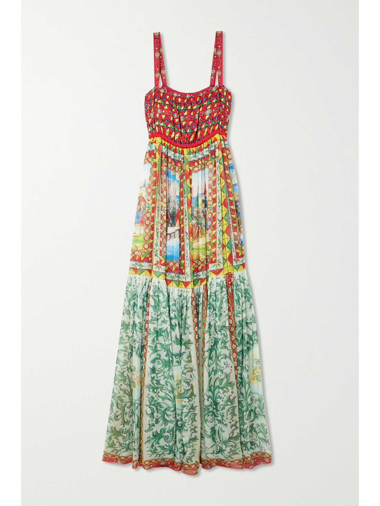 Dolce & Gabbana Carretto-print Long Chiffon Dress In Green