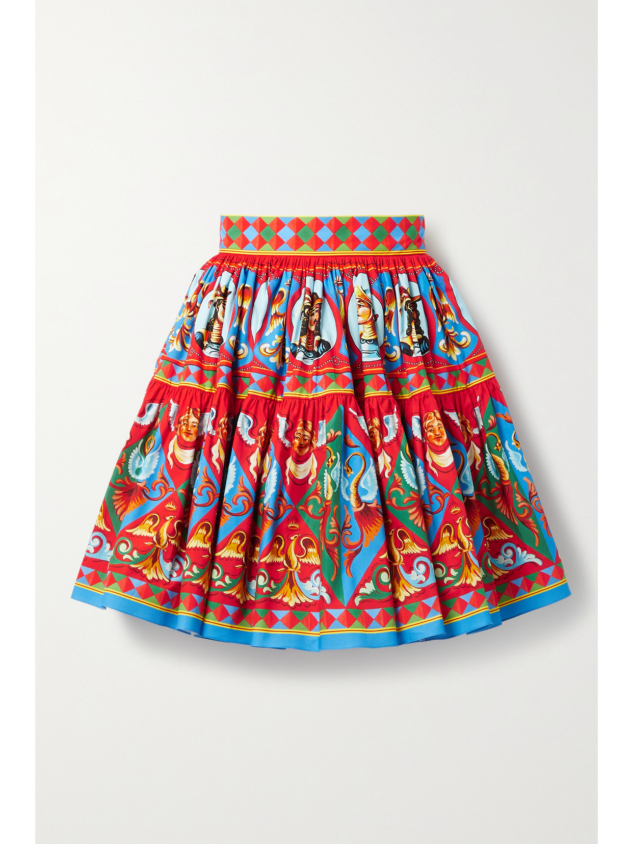 DOLCE & GABBANA GATHERED PRINTED COTTON-POPLIN MINI SKIRT