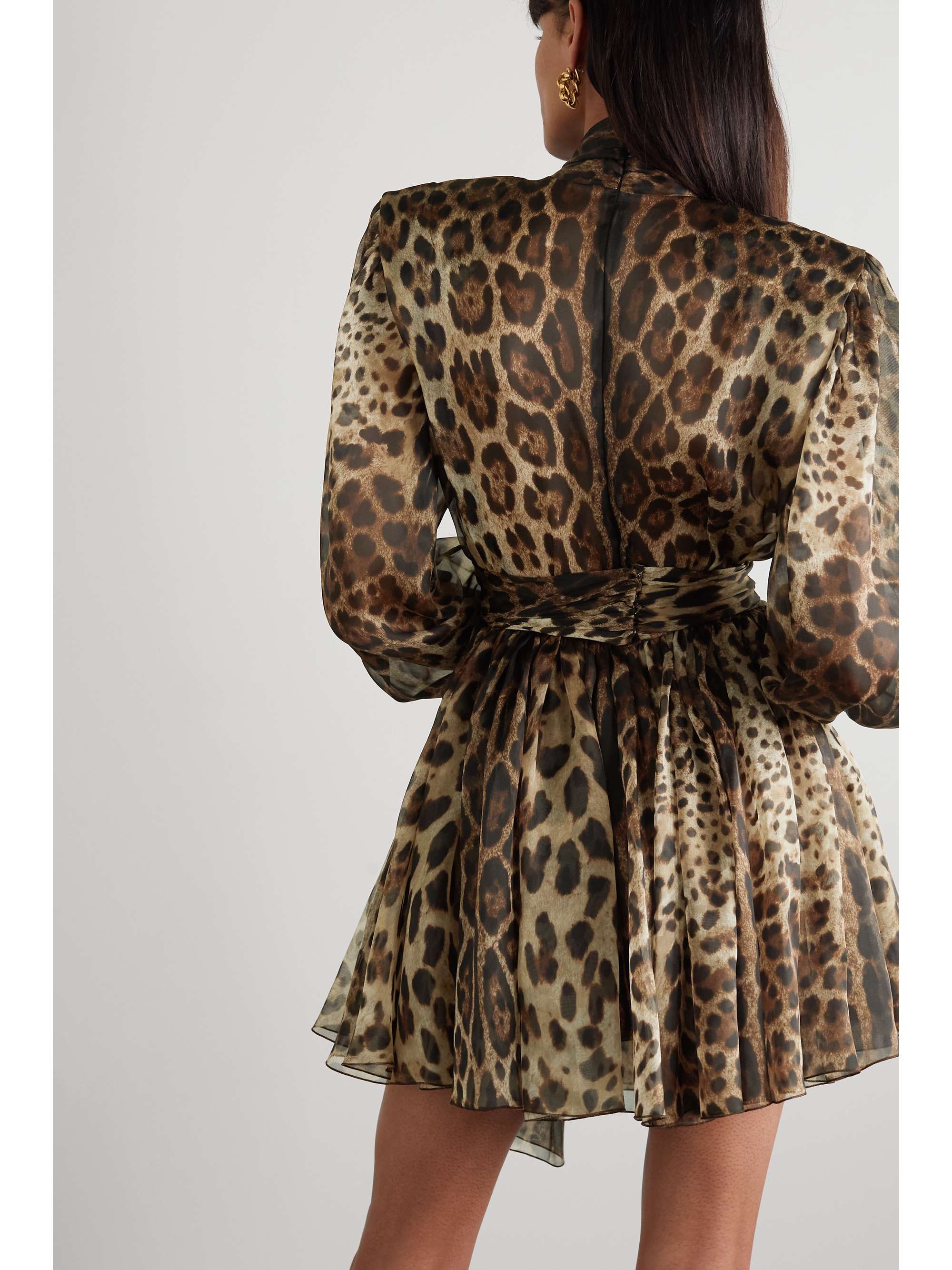 Dolce And Gabbana Pussy Bow Leopard Print Silk Blend Organza Mini Dress 