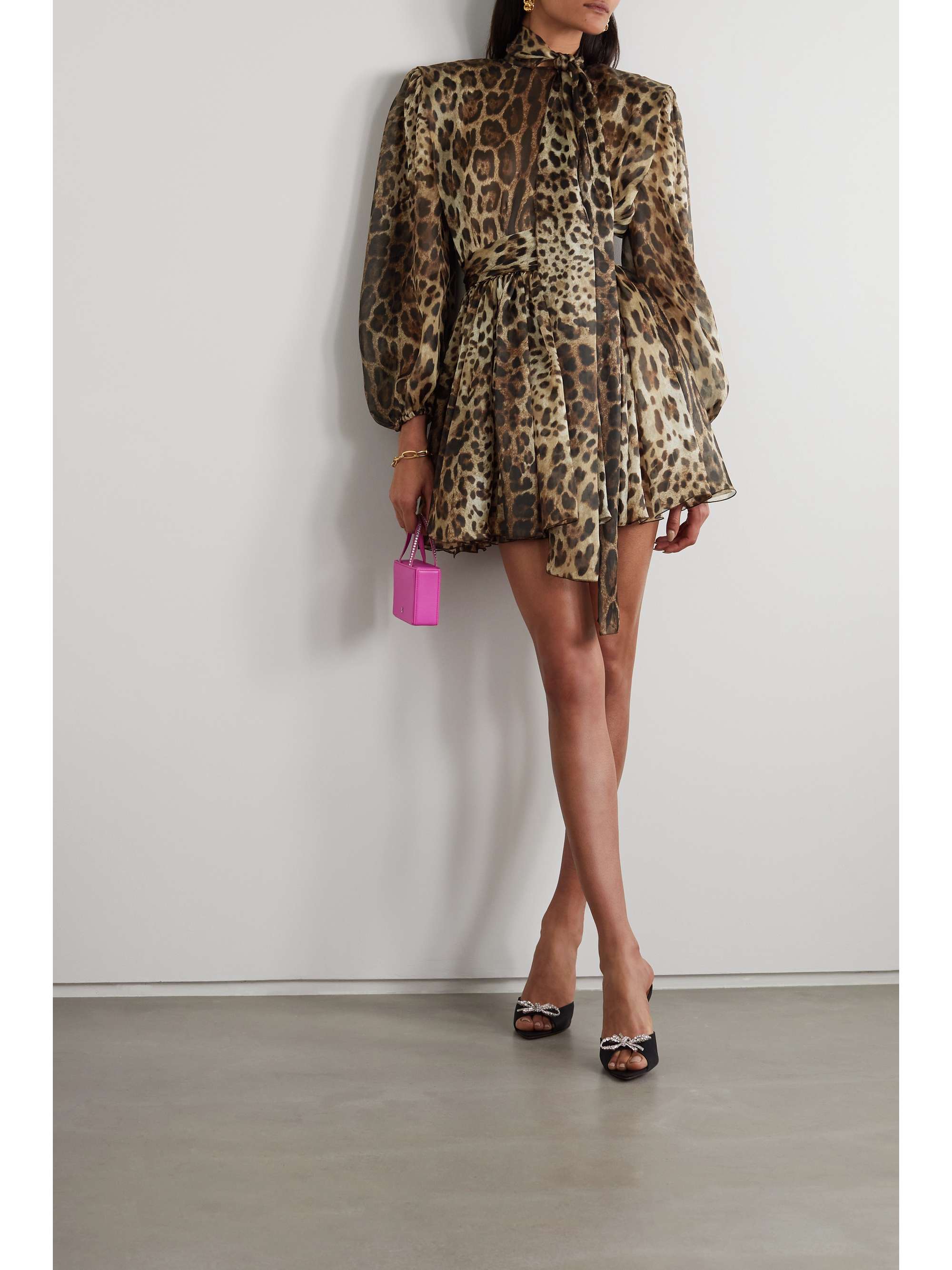DOLCE&GABBANA Pussy-bow leopard-print silk-blend organza mini dress