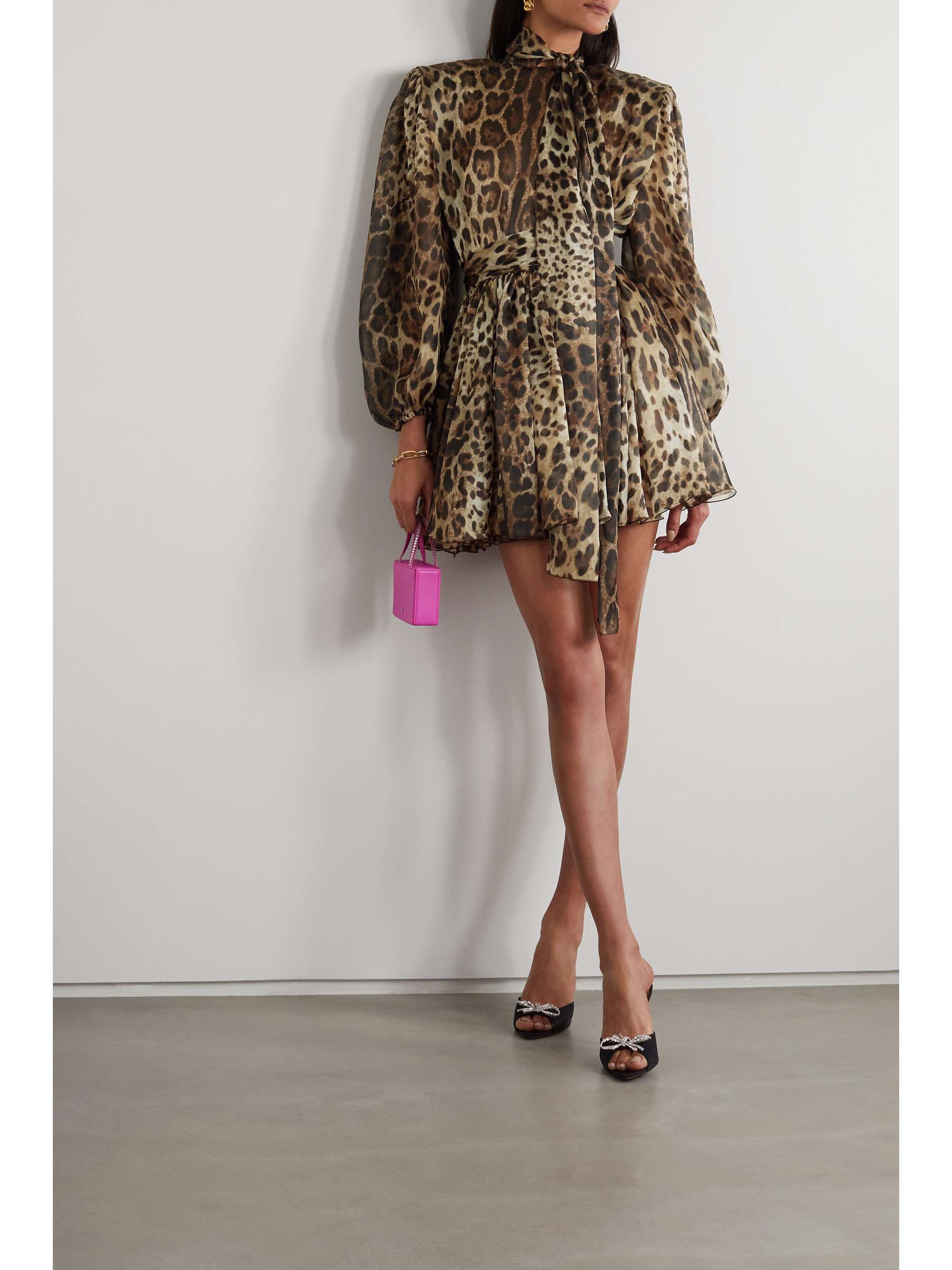 Brown Pussy Bow Leopard Print Silk Blend Organza Mini Dress Dolce