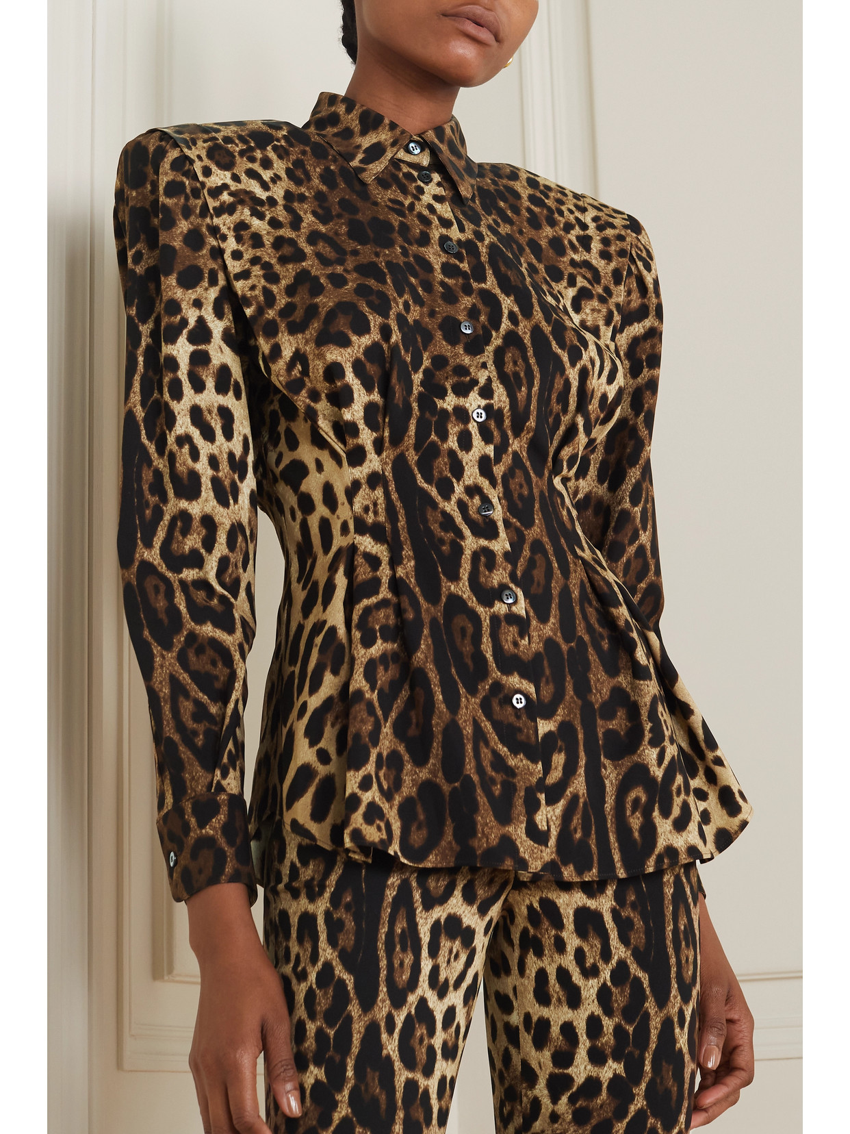 Padded-shoulders Leopard-print Silk-blend Blouse In Brown