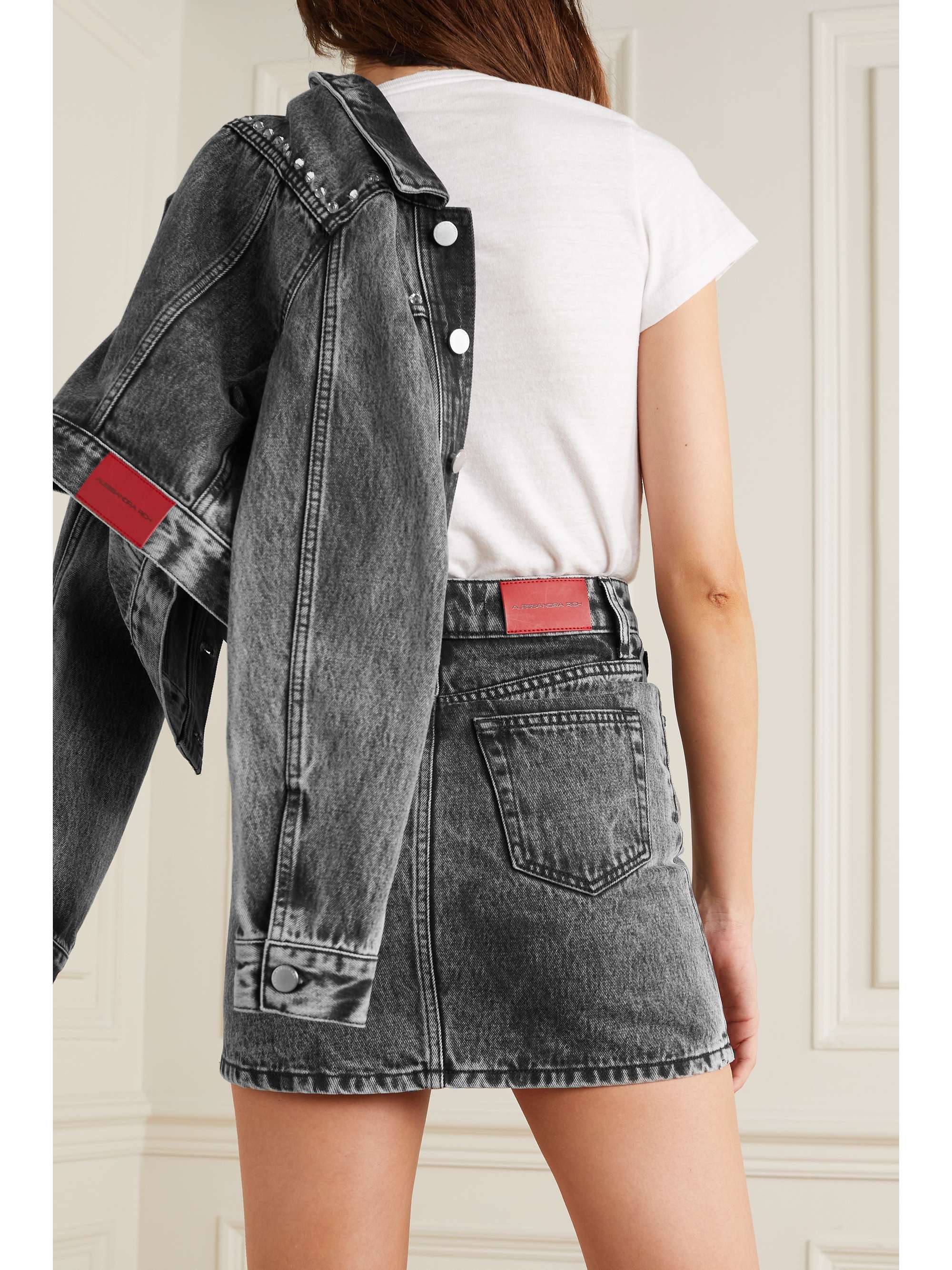 ALESSANDRA RICH Crystal-embellished acid-wash denim mini skirt