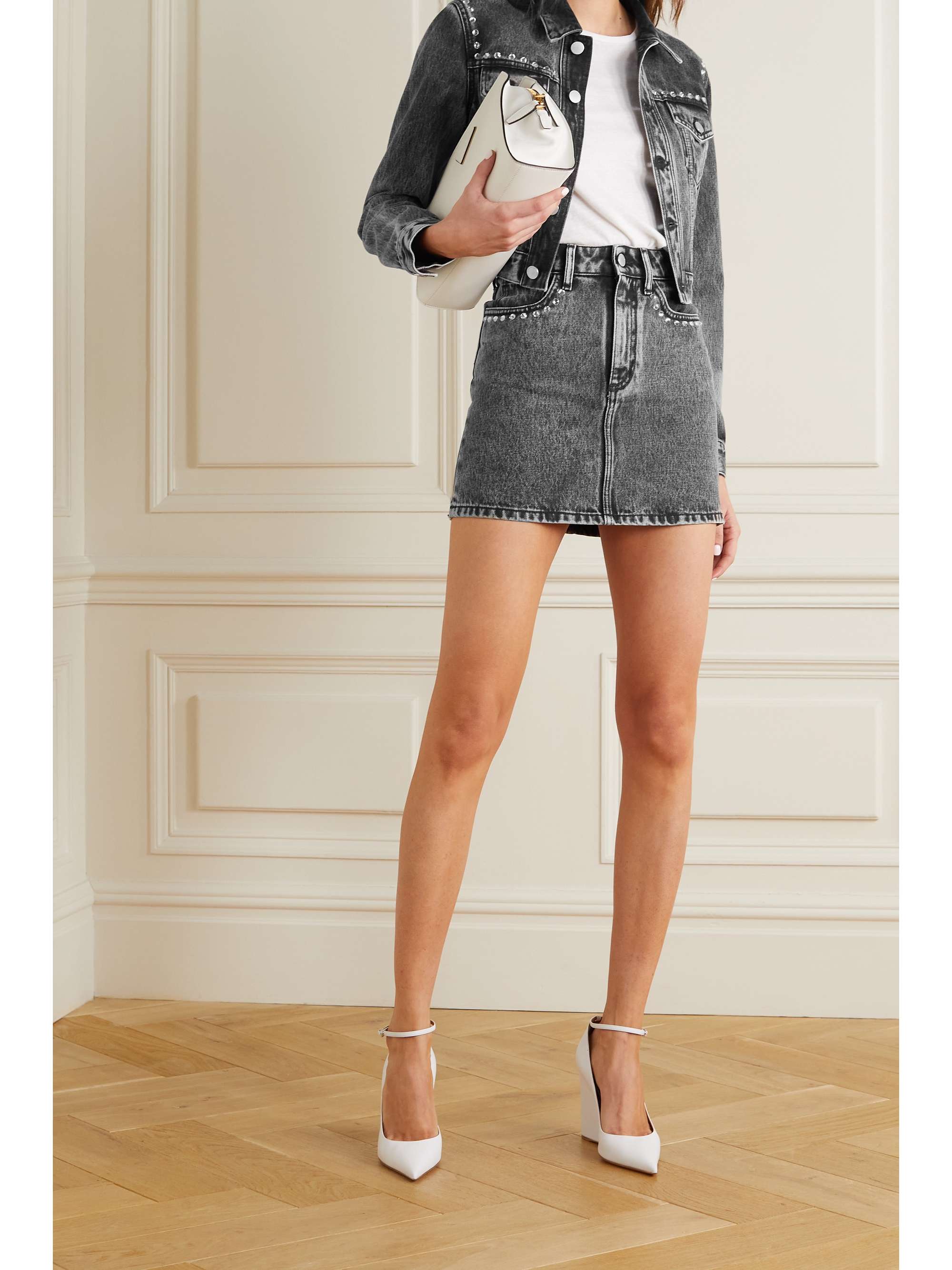 ALESSANDRA RICH Crystal-embellished acid-wash denim mini skirt