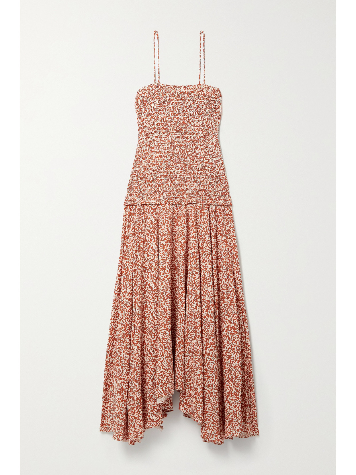 Asymmetric Smocked Floral-print Woven Midi Dress