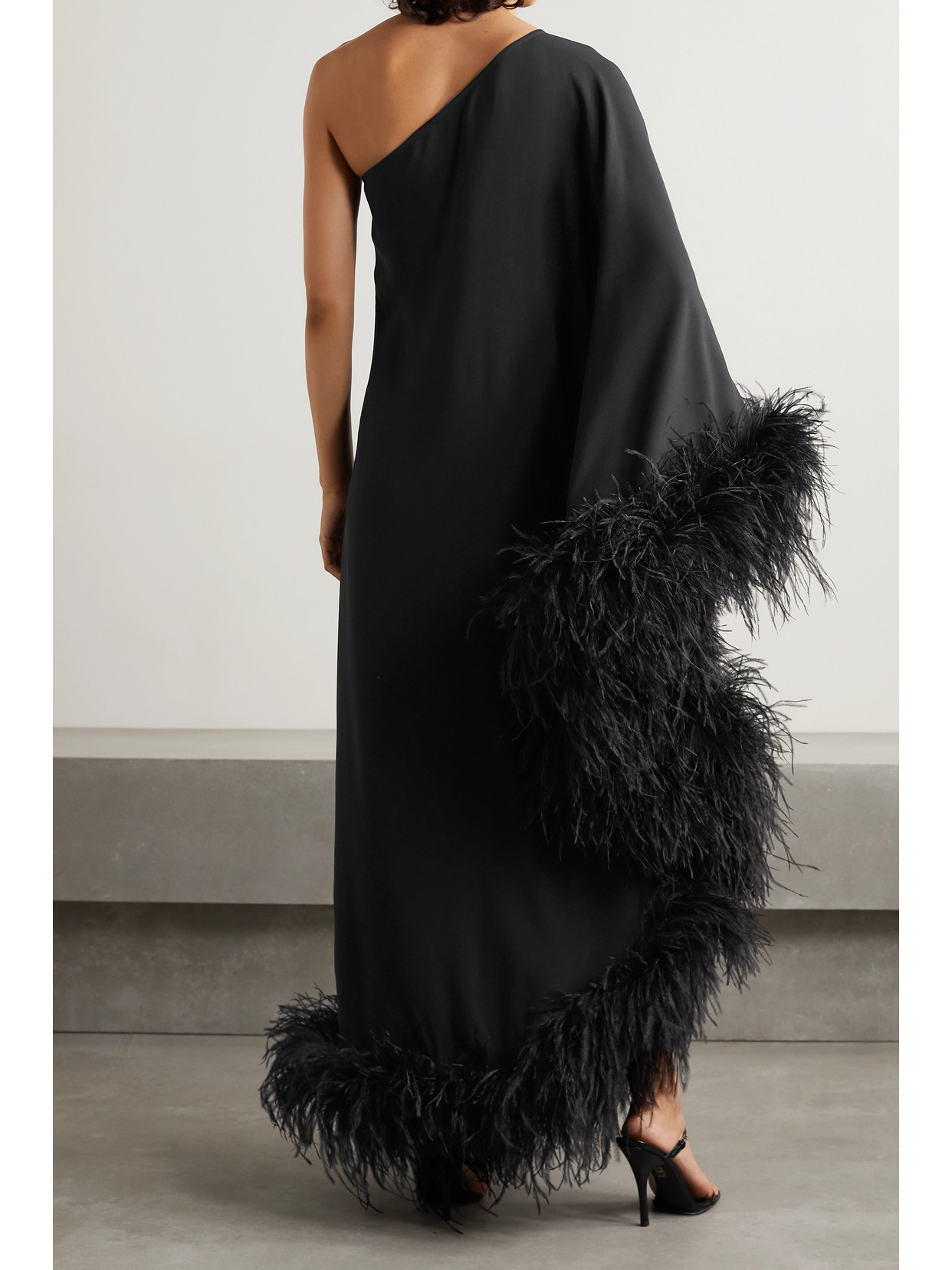 Shop Taller Marmo Ubud One-shoulder Feather-trimmed Crepe Maxi Dress In Black