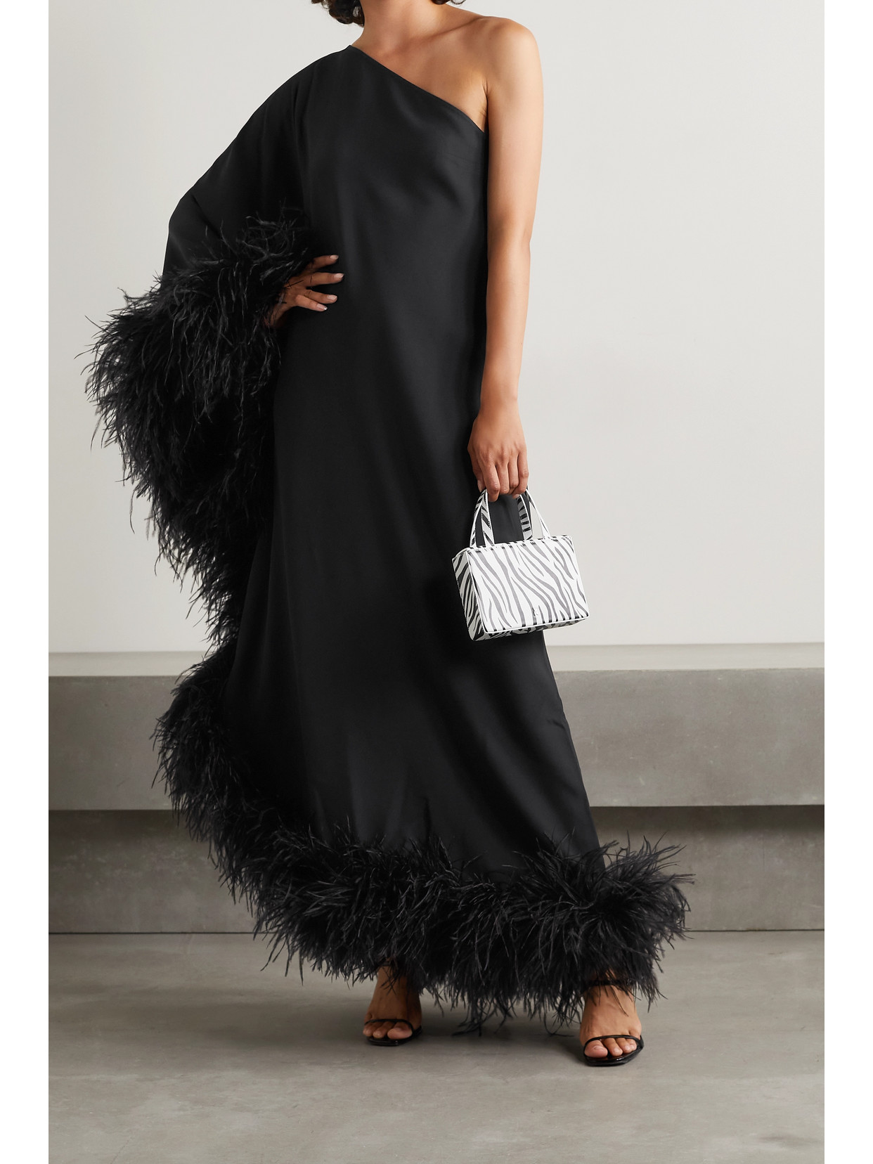 Taller Marmo Ubud One-shoulder Feather-trimmed Crepe Maxi Dress In Black