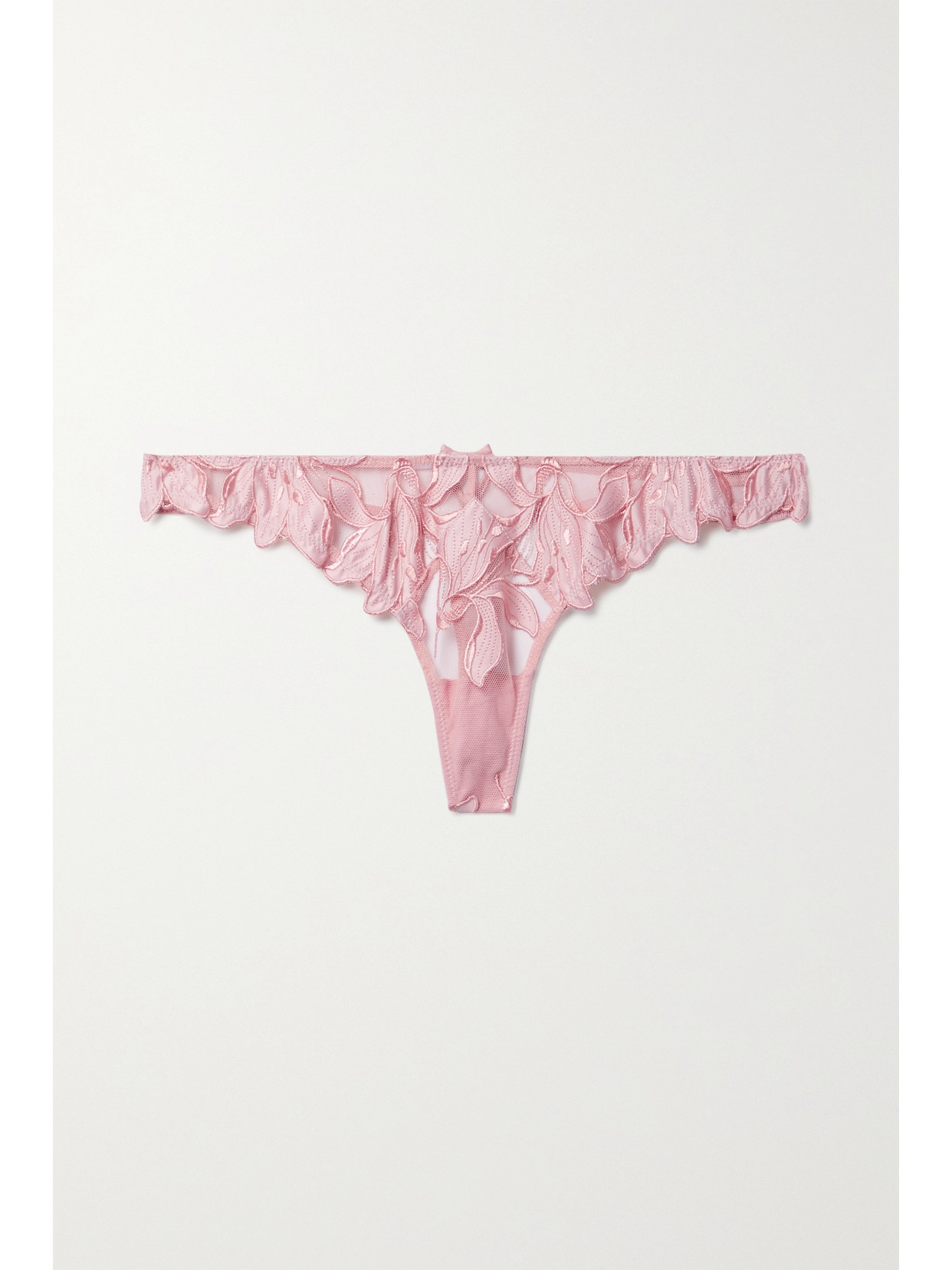 FLEUR DU MAL LILY SATIN-TRIMMED EMBROIDERED STRETCH-TULLE THONG