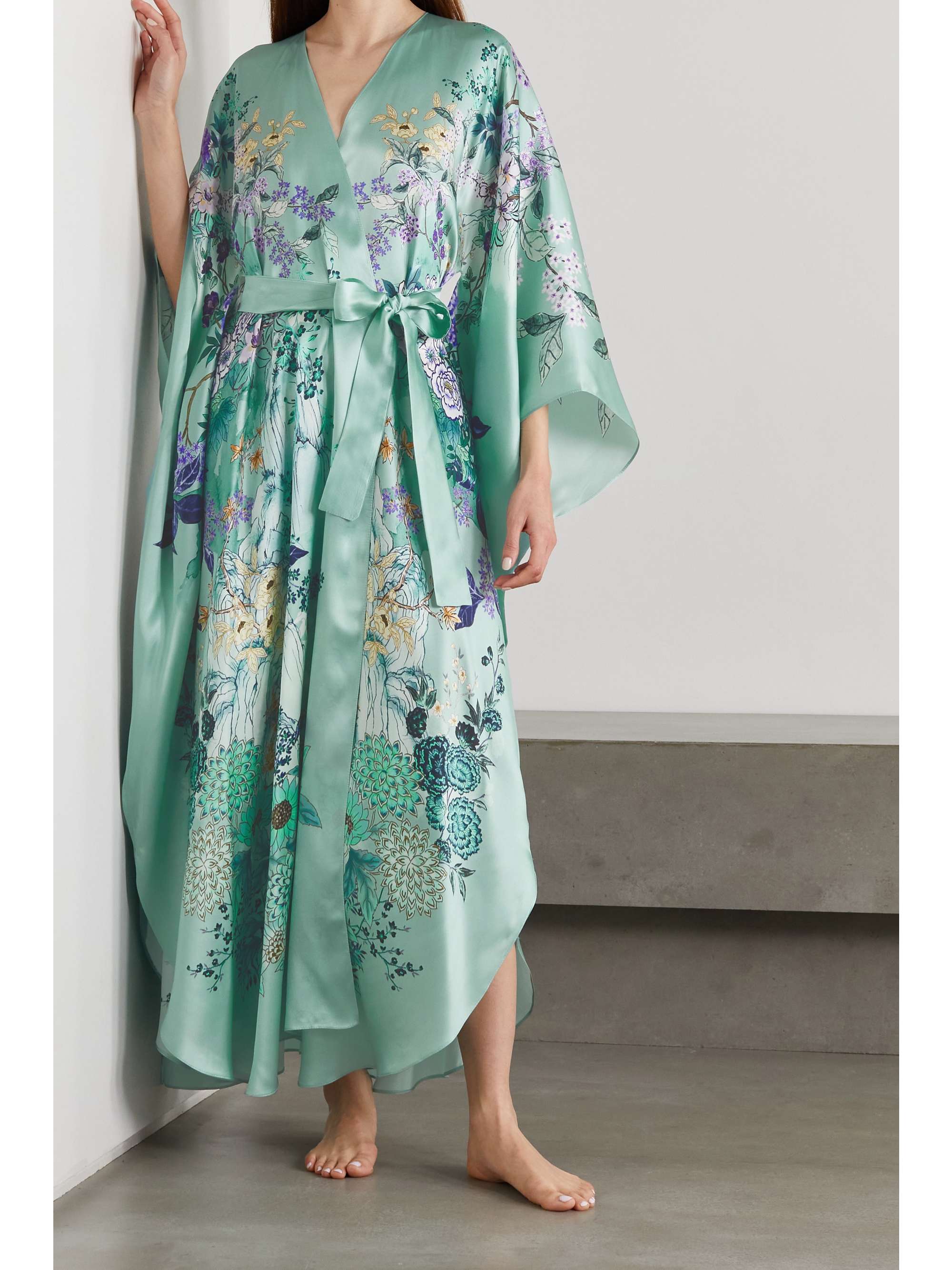 MENG Belted floral-print silk-satin robe