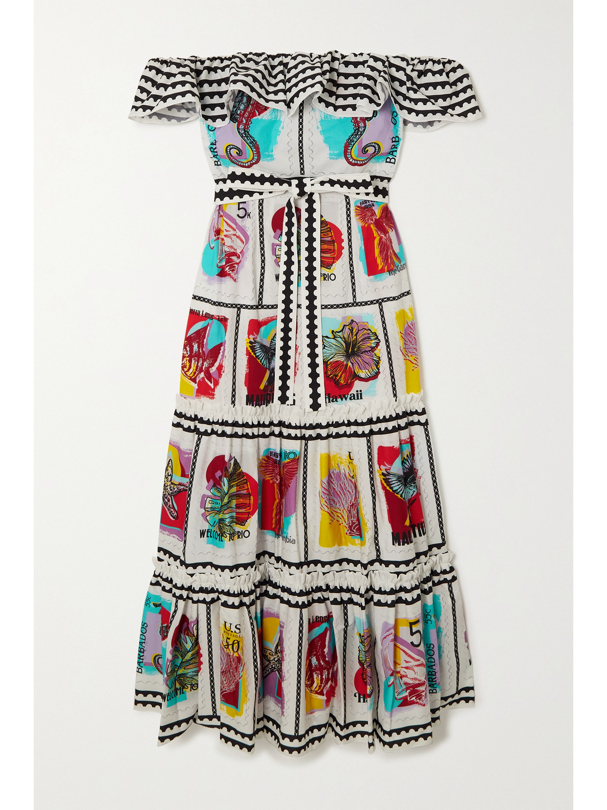 Mary Katrantzou Cannes Off-the-shoulder Tiered Printed Cotton-blend Midi Dress