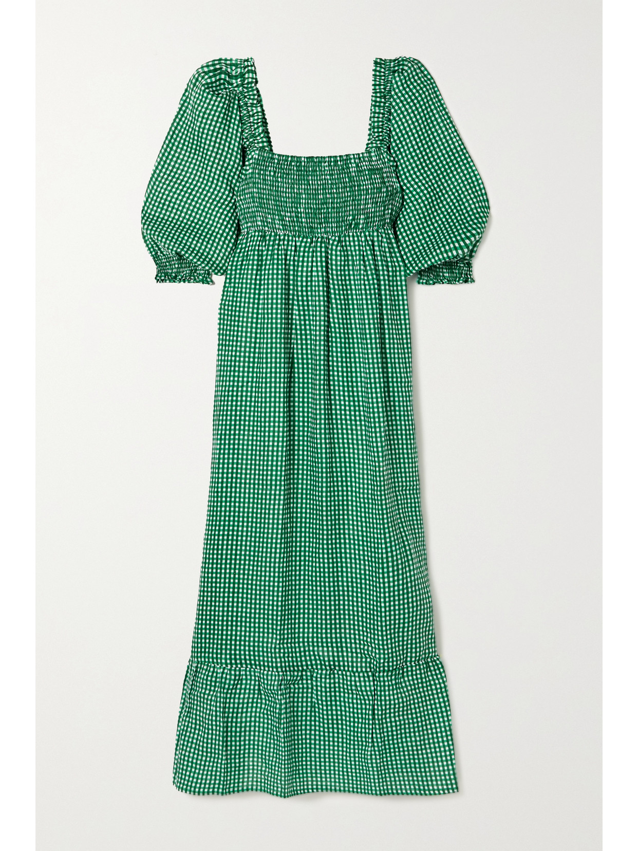 Faithfull The Brand + Net Sustain Sigrid Shirred Gingham Linen Midi Dress  In Emerald | ModeSens