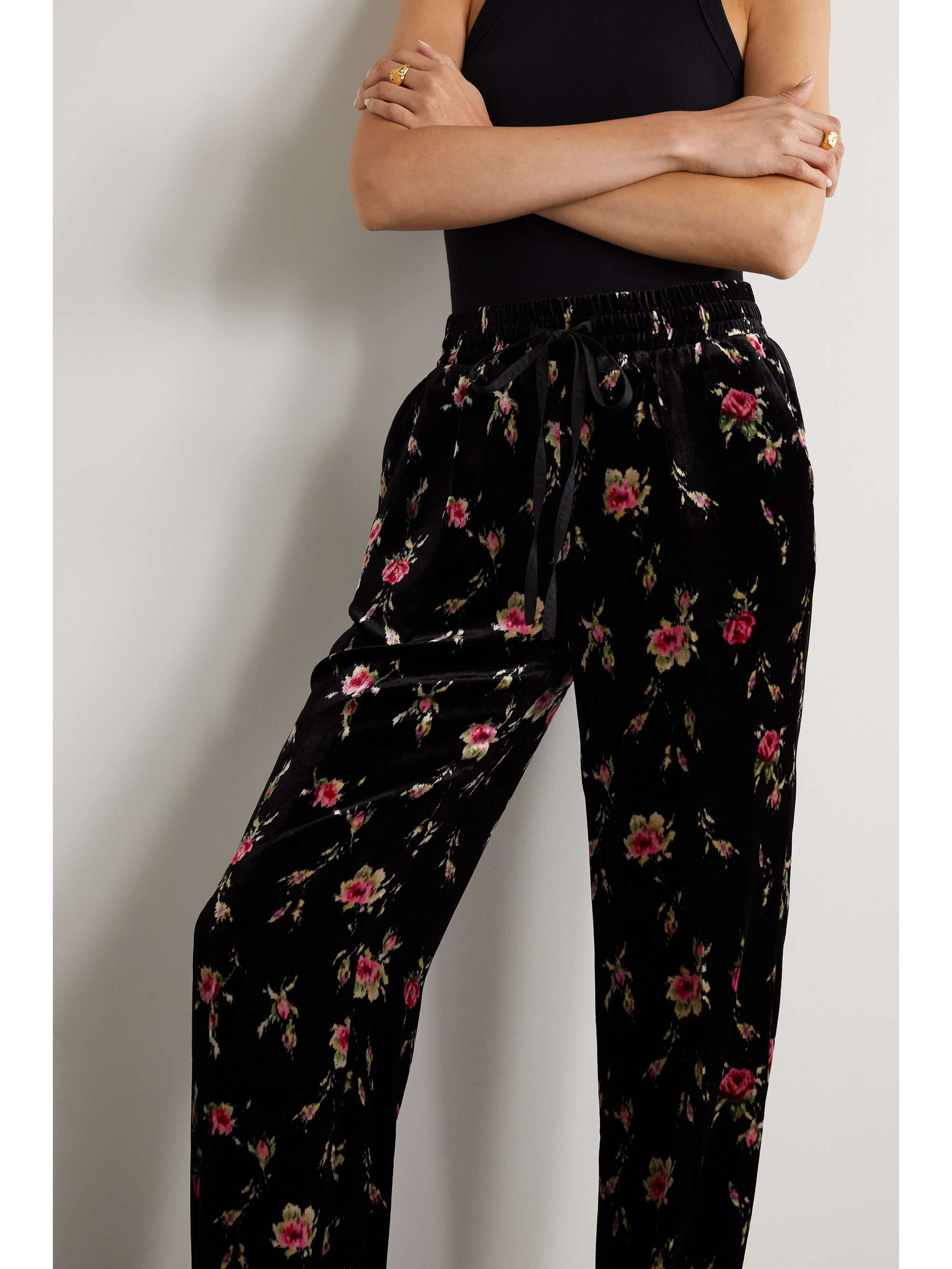 Black Floral-print velvet wide-leg 