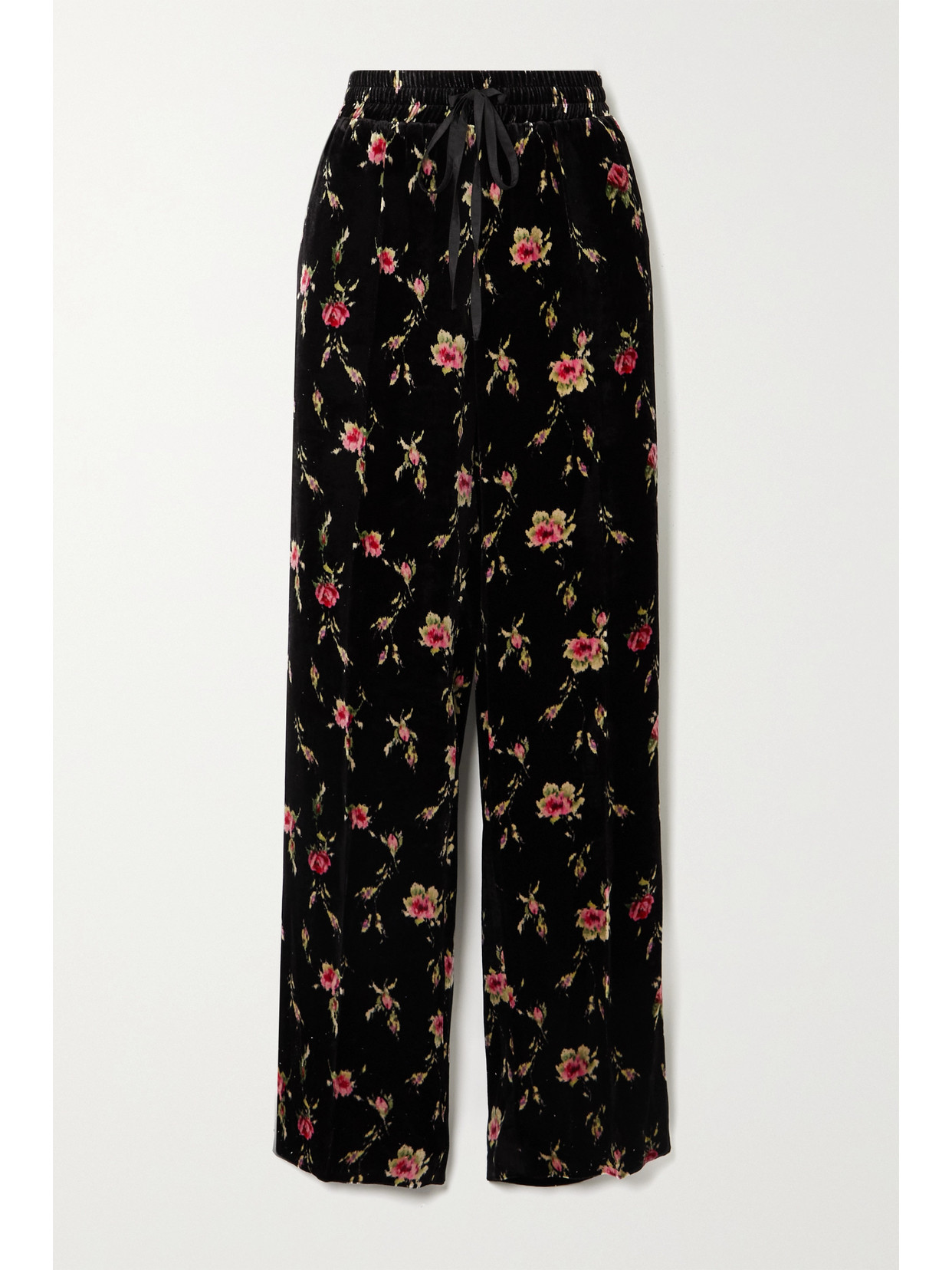 RED VALENTINO FLORAL-PRINT VELVET WIDE-LEG PANTS