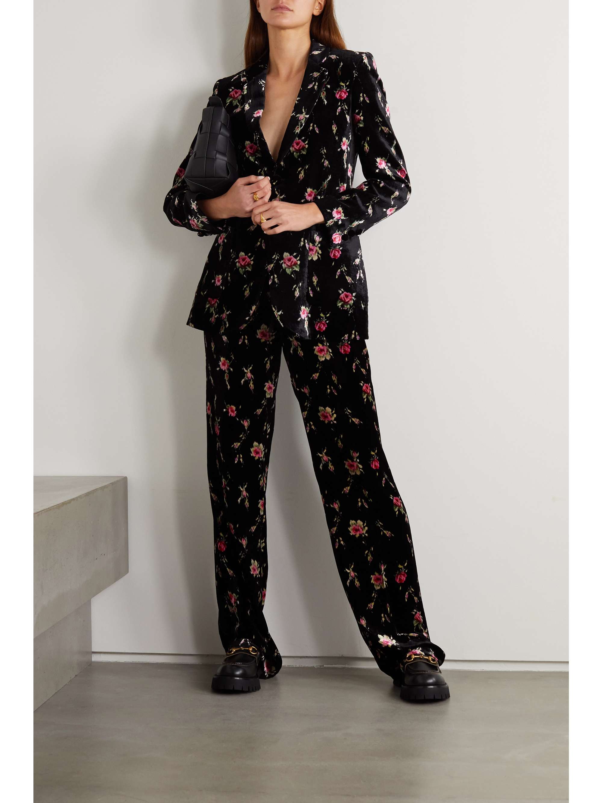 Black Floral-print velvet wide-leg 