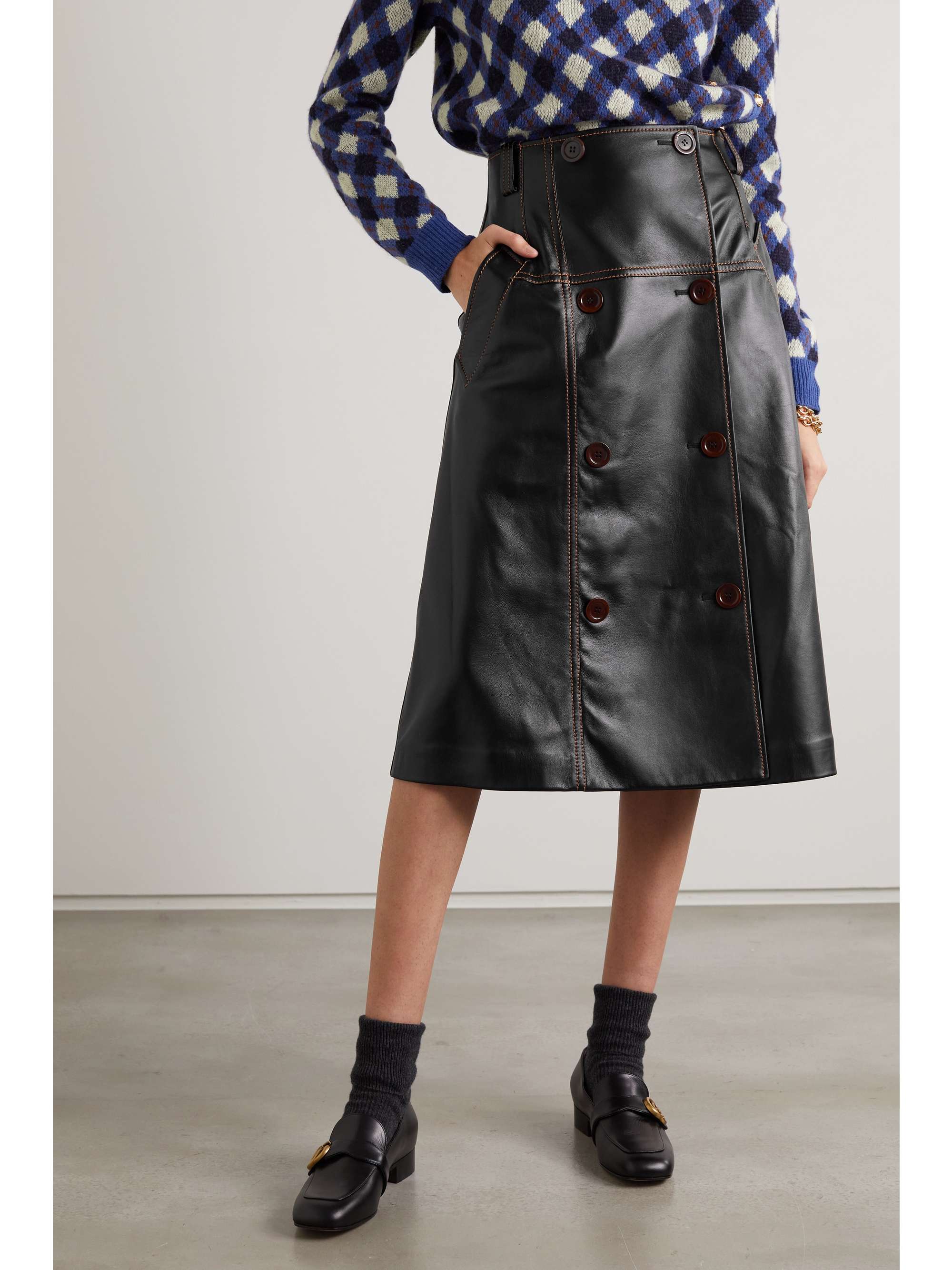 button front leather skirt