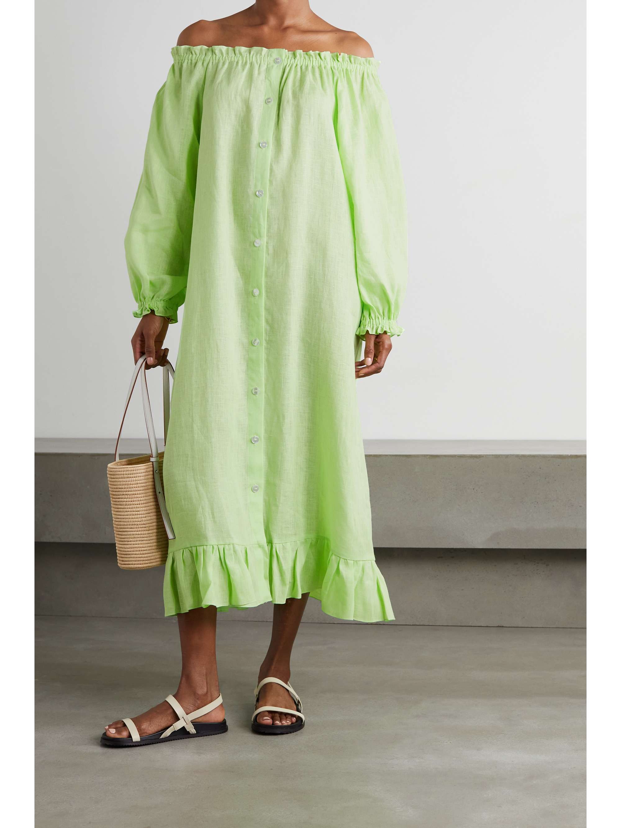 green linen midi dress