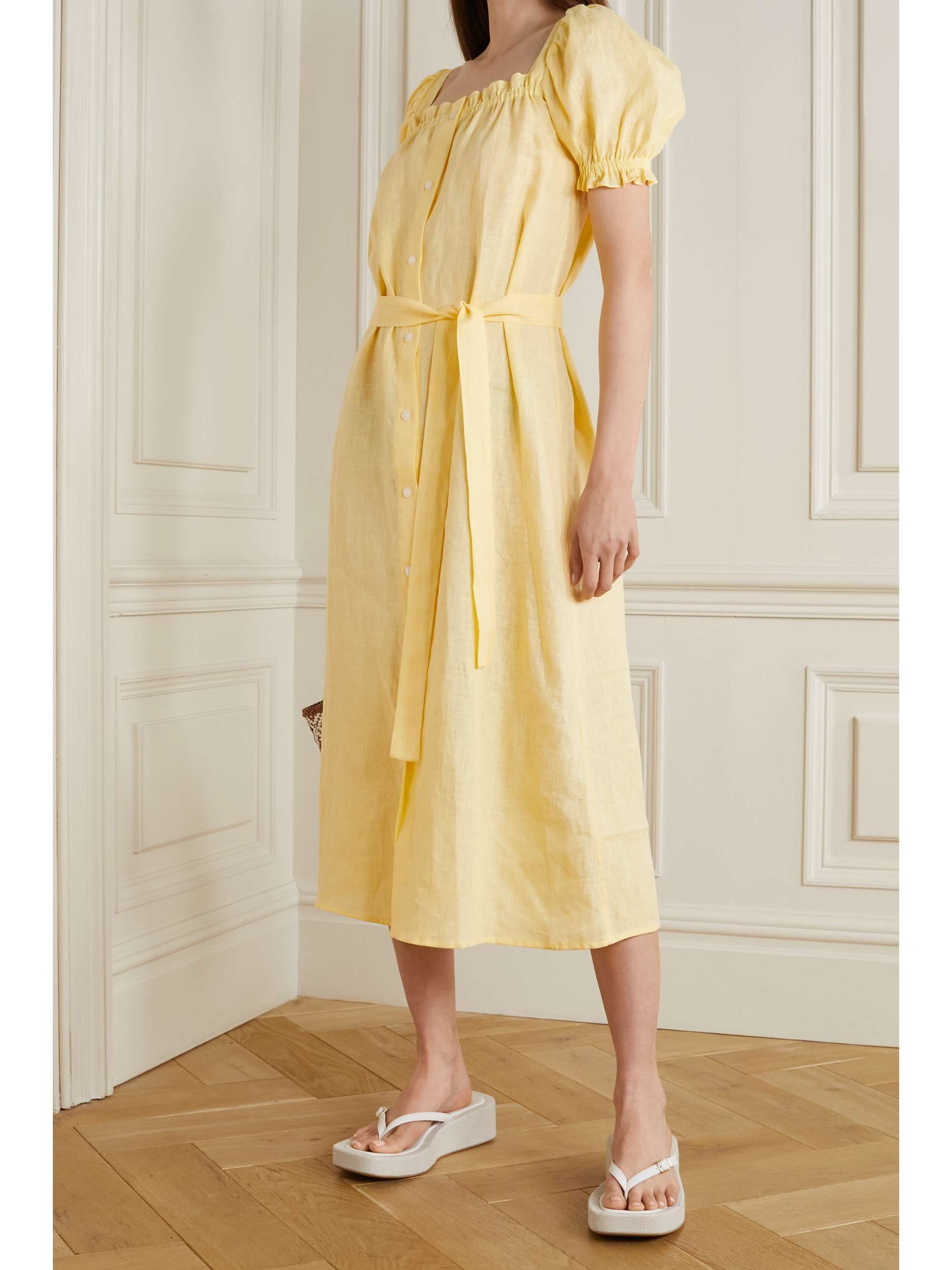 Yellow Brigitte belted linen midi dress ...