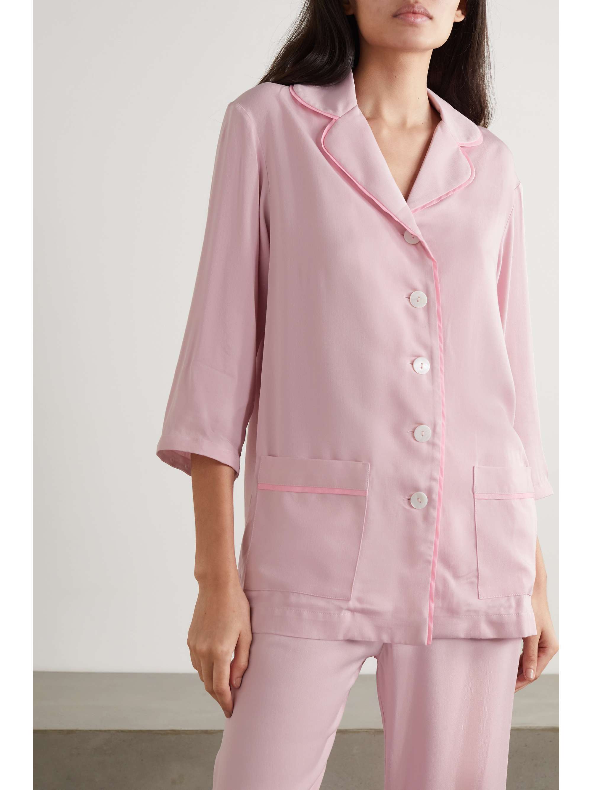 SLEEPER + NET SUSTAIN feather-trimmed crepe de chine pajama set