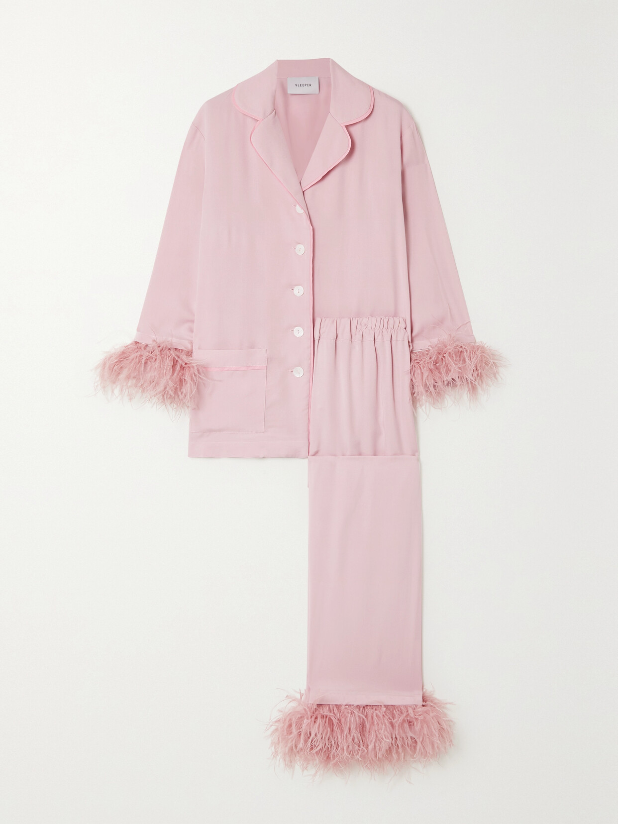 SLEEPER - + Net Sustain Feather-trimmed Crepe De Chine Pajama Set - Pink